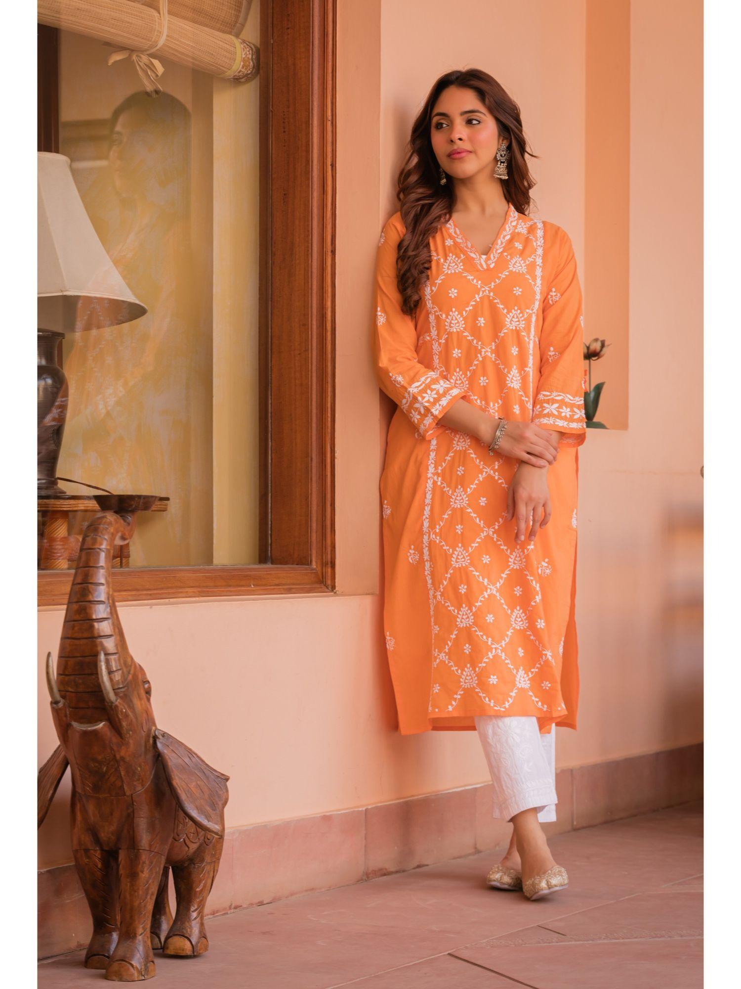 saba chikankari kurta in cotton orange