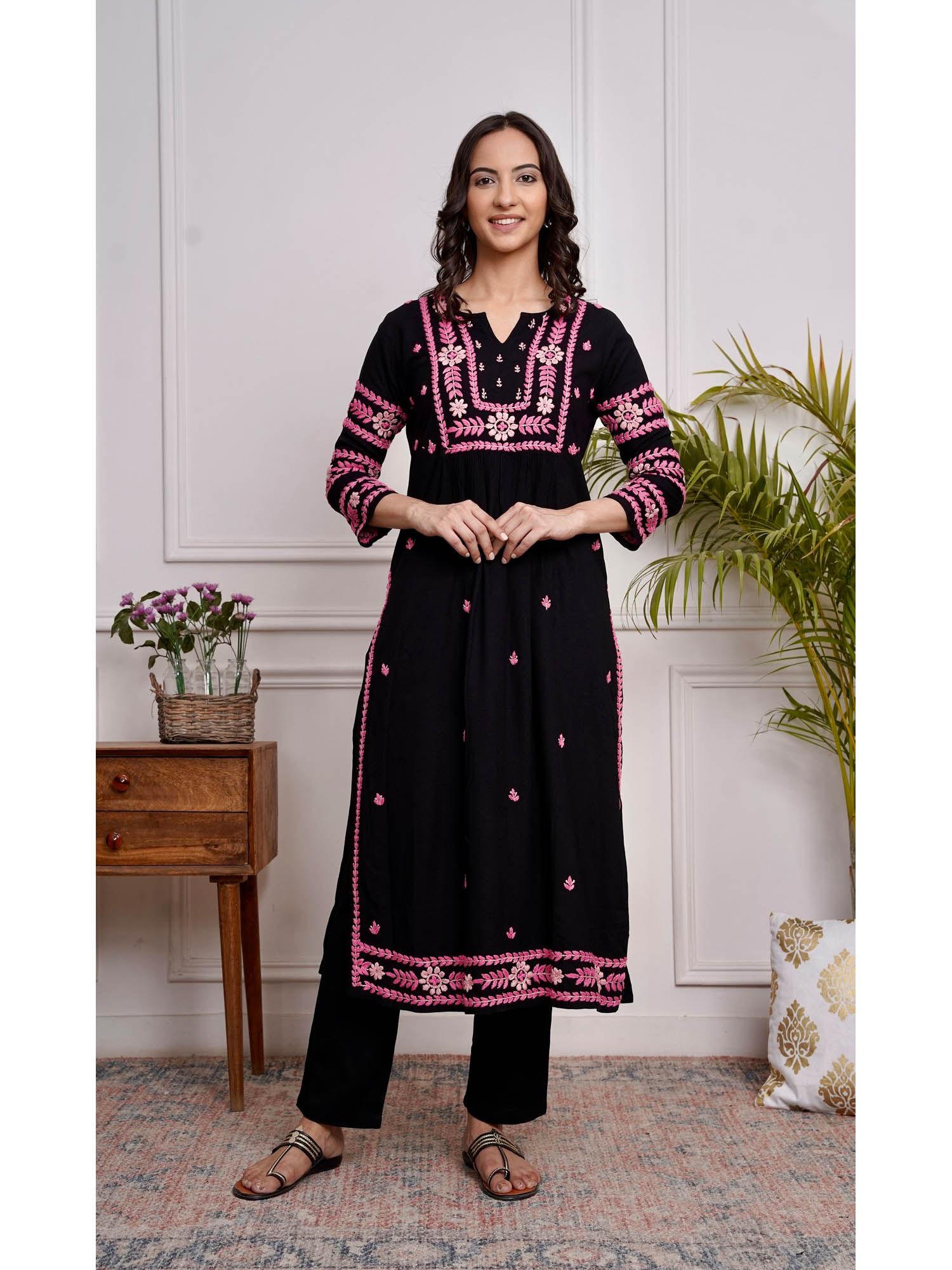 saba chikankari kurta in rayon cotton black