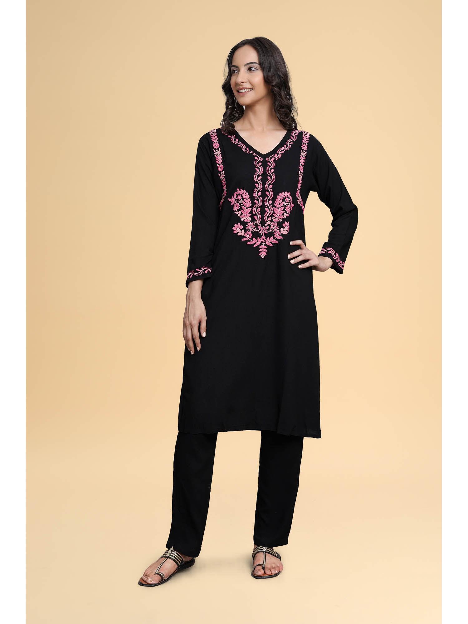 saba chikankari kurta in rayon cotton black