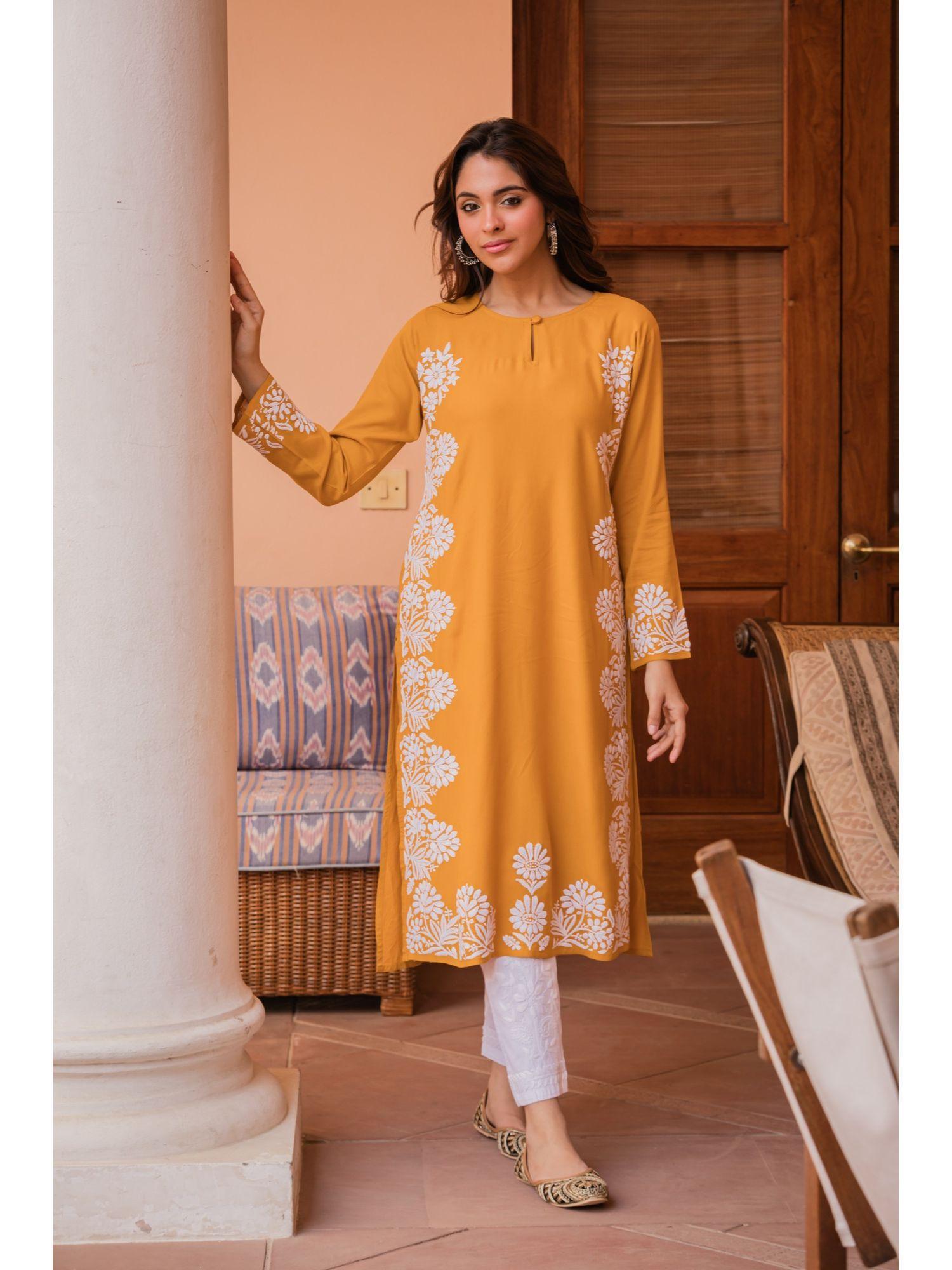 saba chikankari kurta in rayon cotton mustard