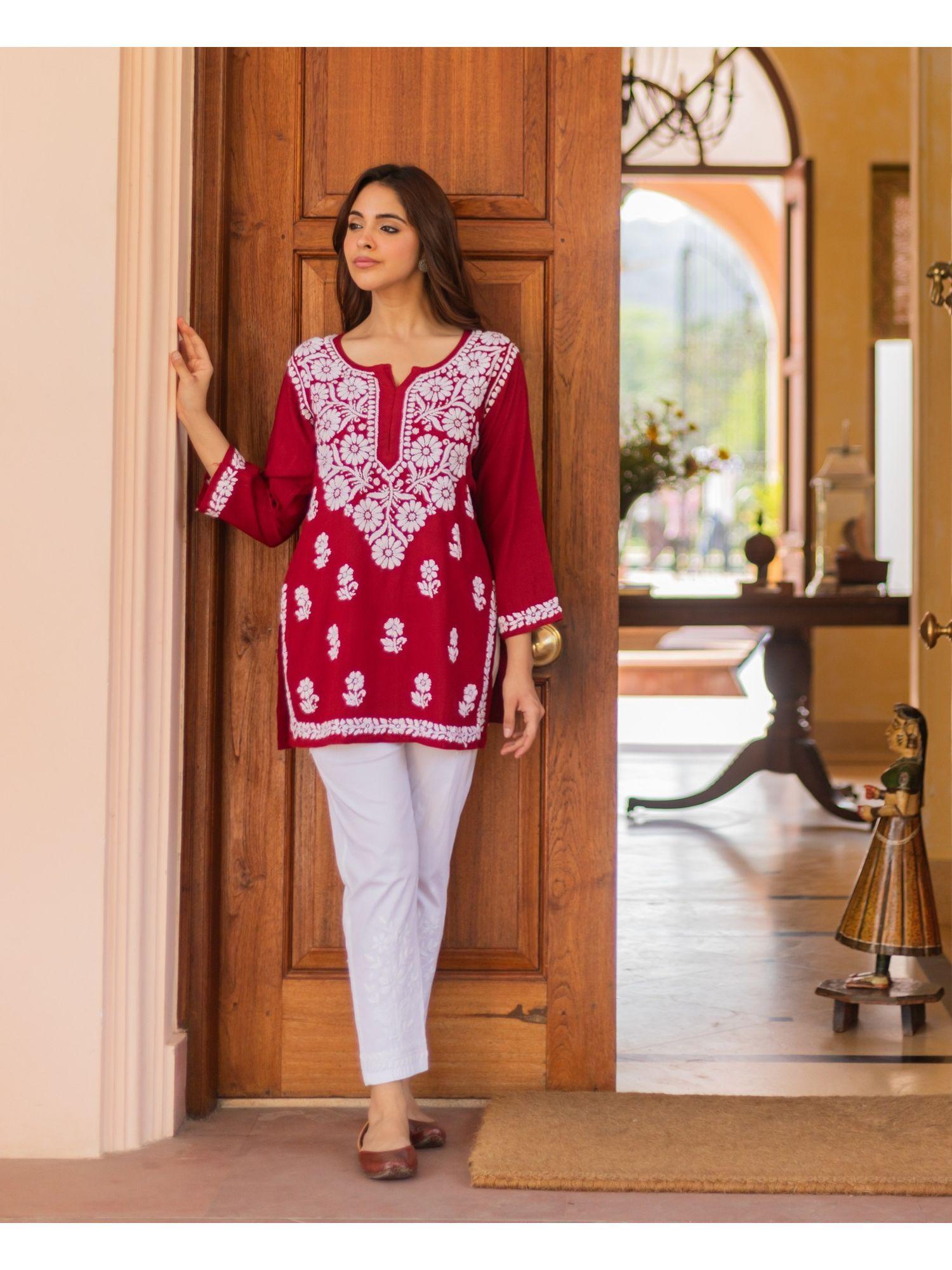 saba chikankari short kurta in rayon cotton maroon