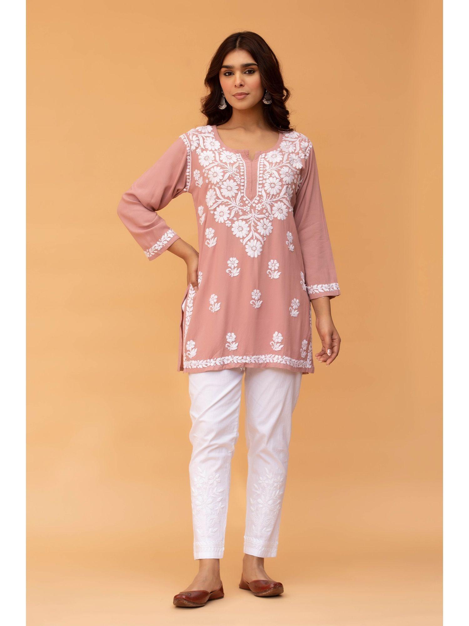 saba chikankari short kurta in rayon cotton peach