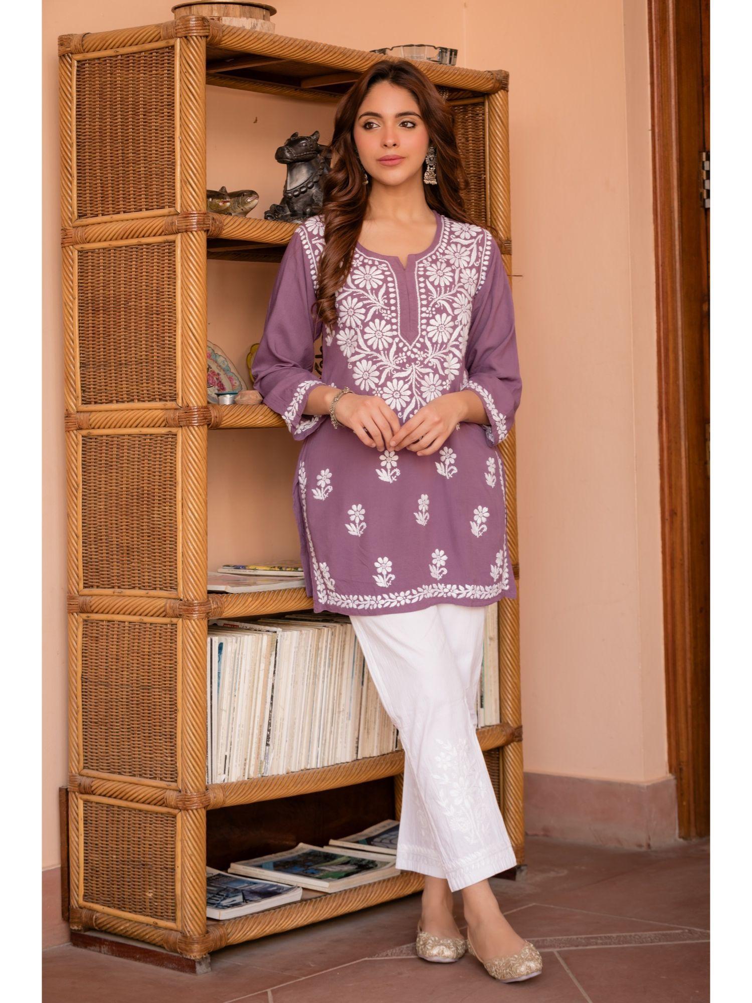 saba chikankari short kurta in rayon cotton purple