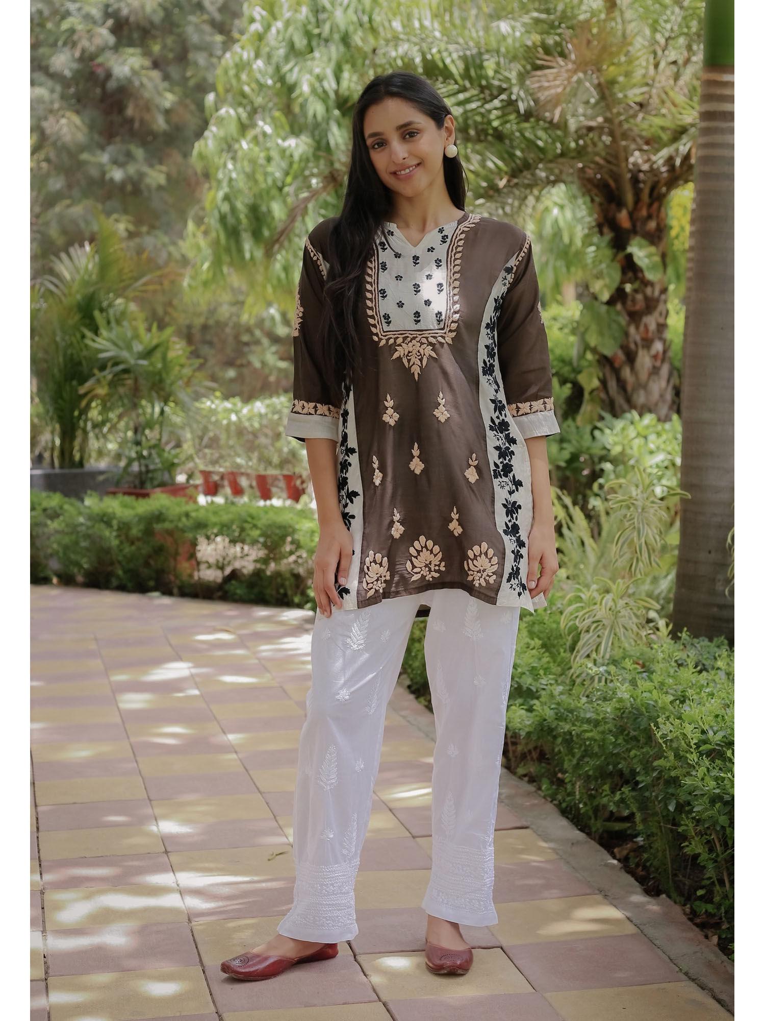 saba chikankari short kurti in chanderi silk - brown