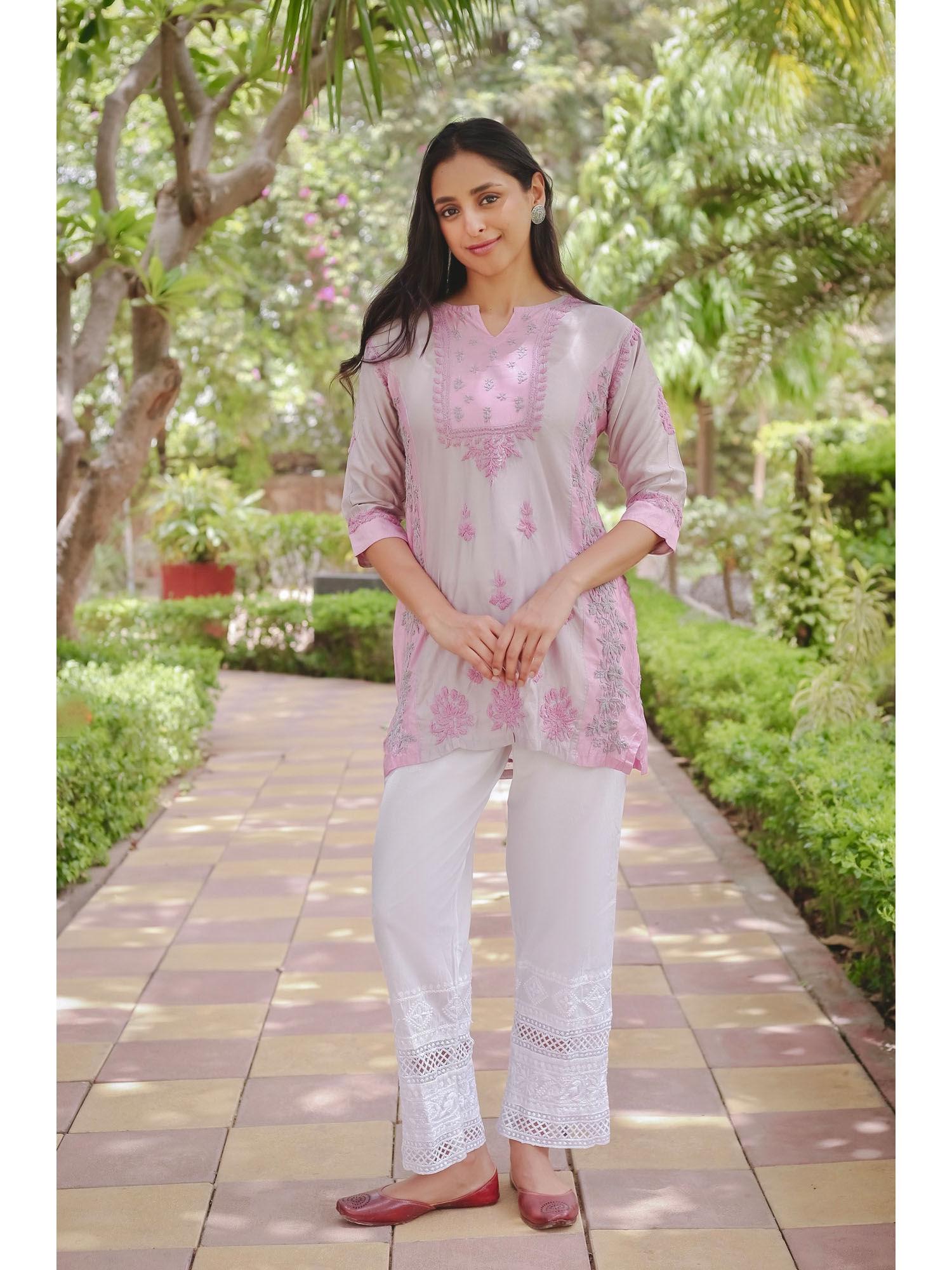 saba chikankari short kurti in chanderi silk - pink