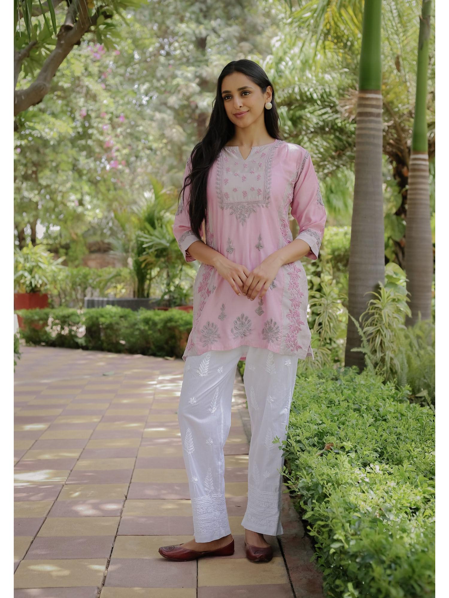 saba chikankari short kurti in chanderi silk - pink