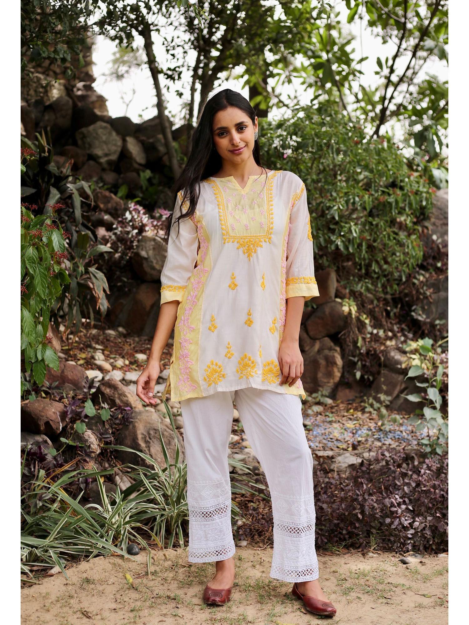 saba chikankari short kurti in chanderi silk - white