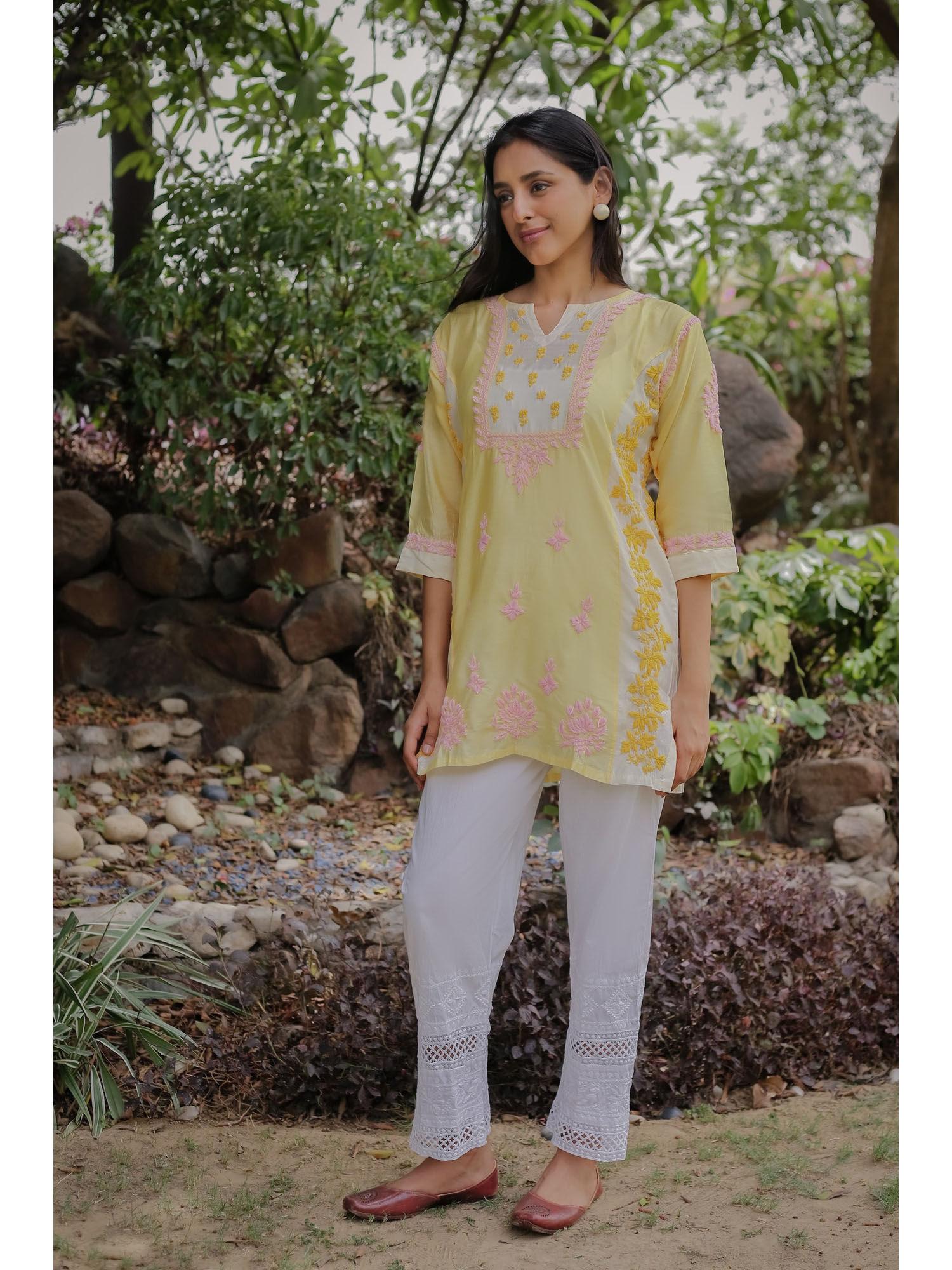 saba chikankari short kurti in chanderi silk - yellow