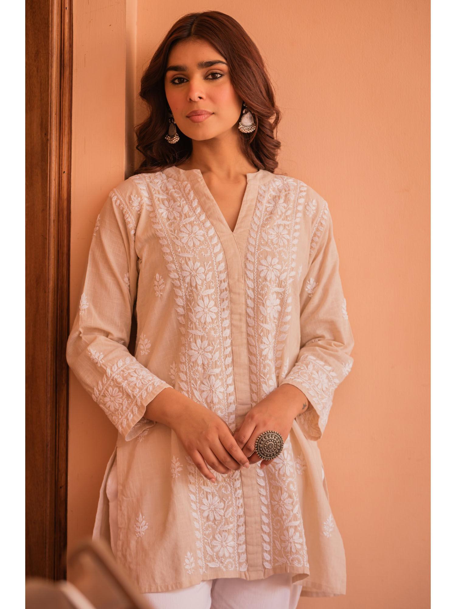 saba chikankari short kurti in slub cotton - beige