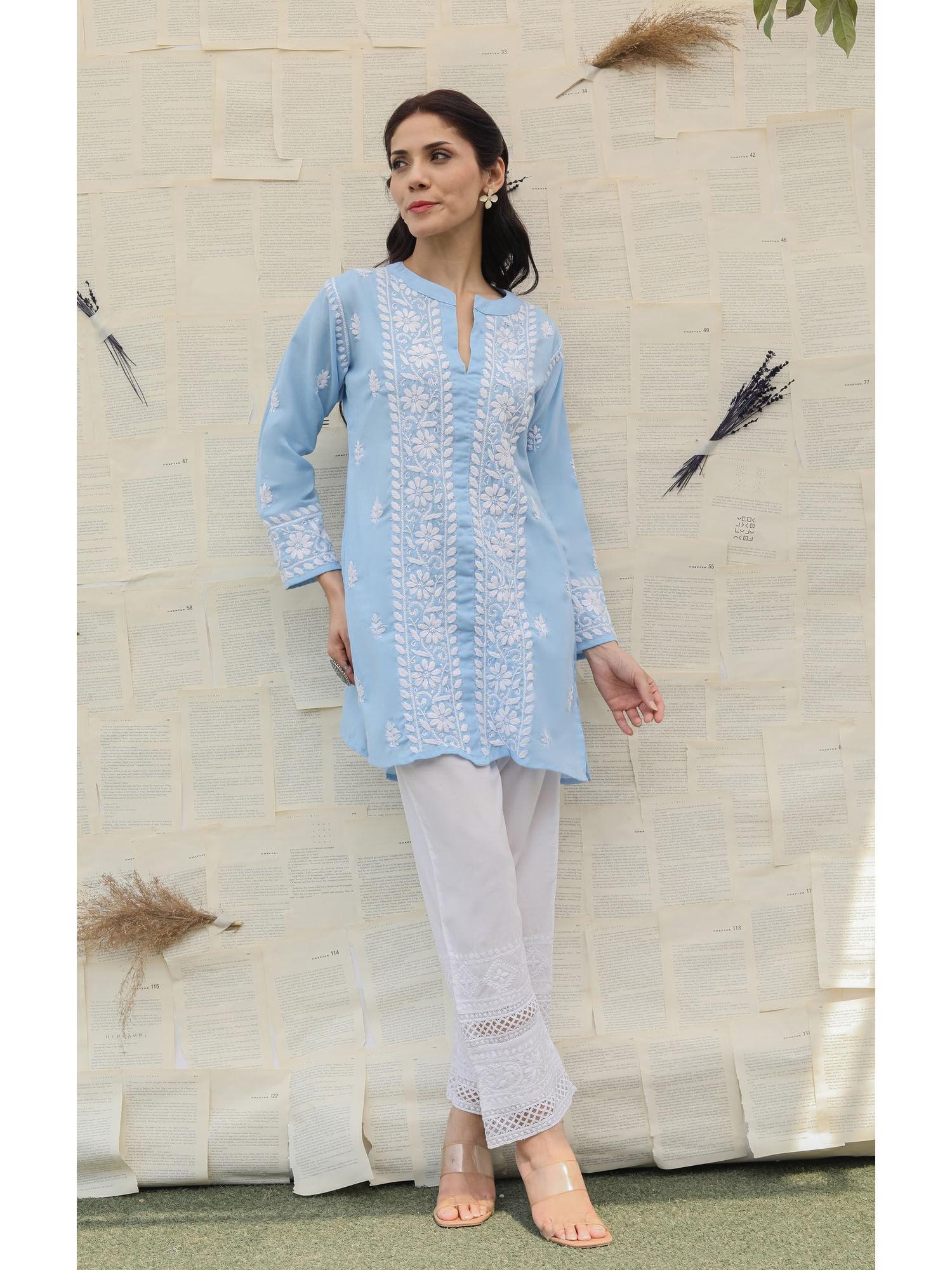 saba chikankari short kurti in slub cotton - powder blue