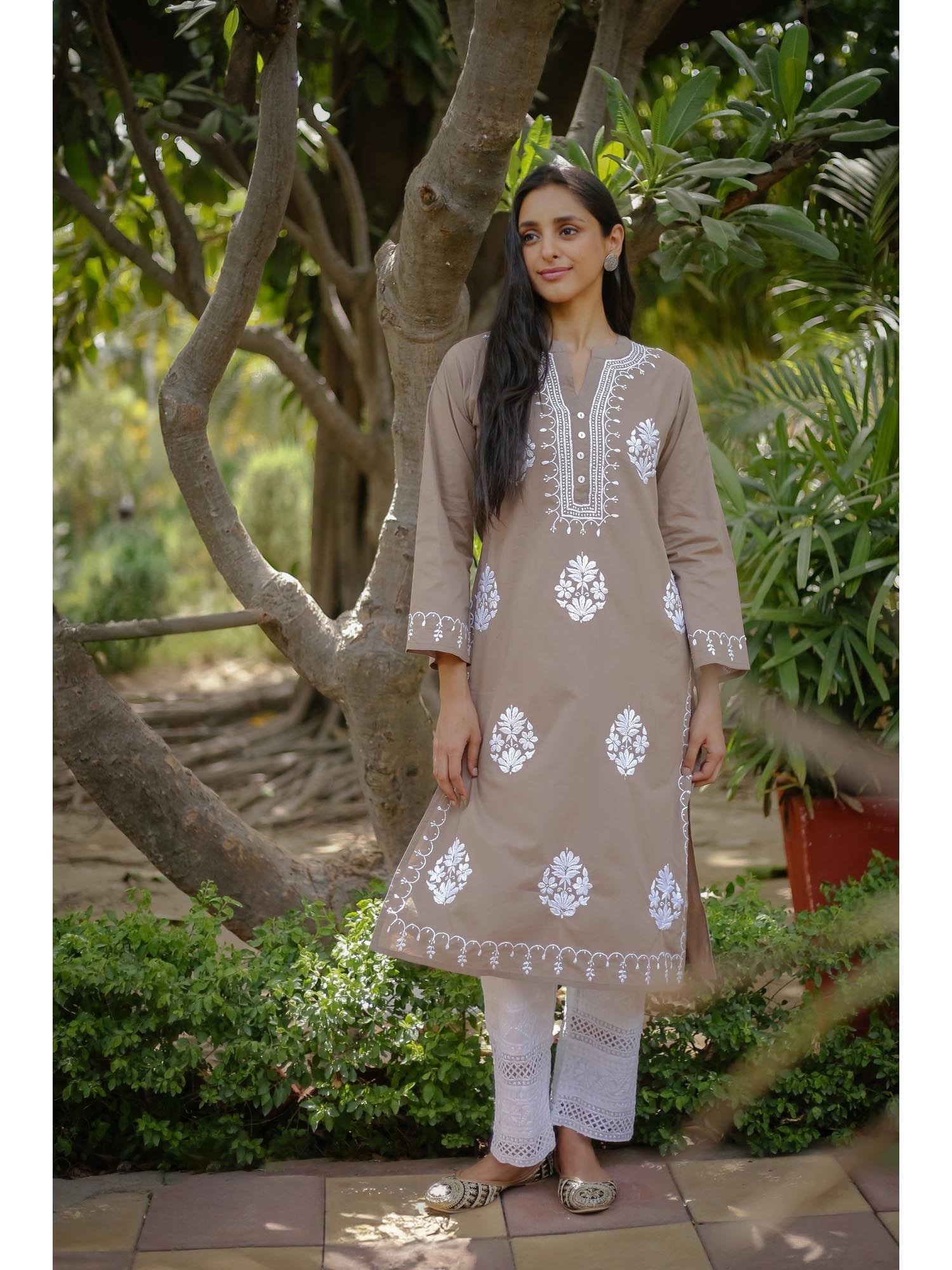 saba cotton embroidered chikankari kurta - beige