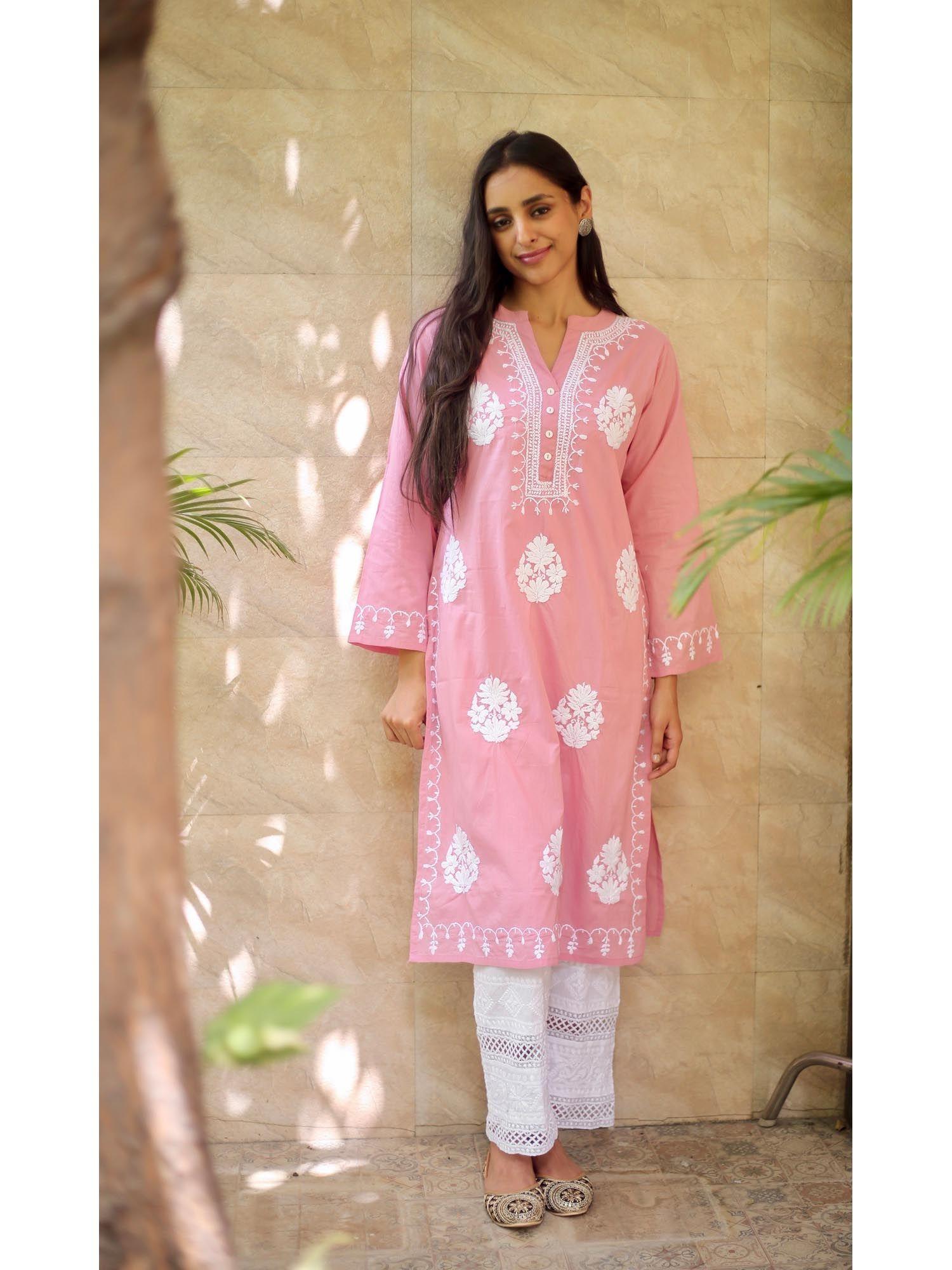 saba cotton embroidered chikankari kurta - peach