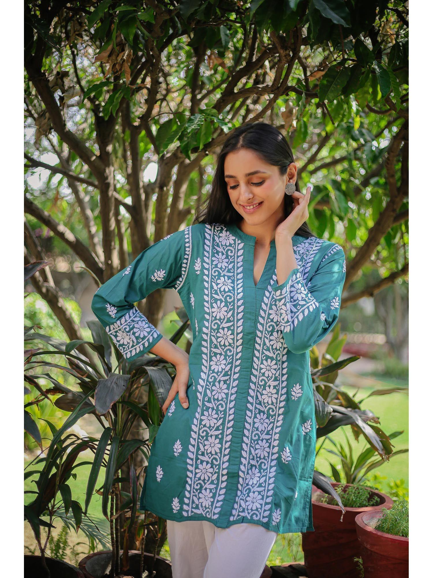 saba embroidered chikankari short kurti - green