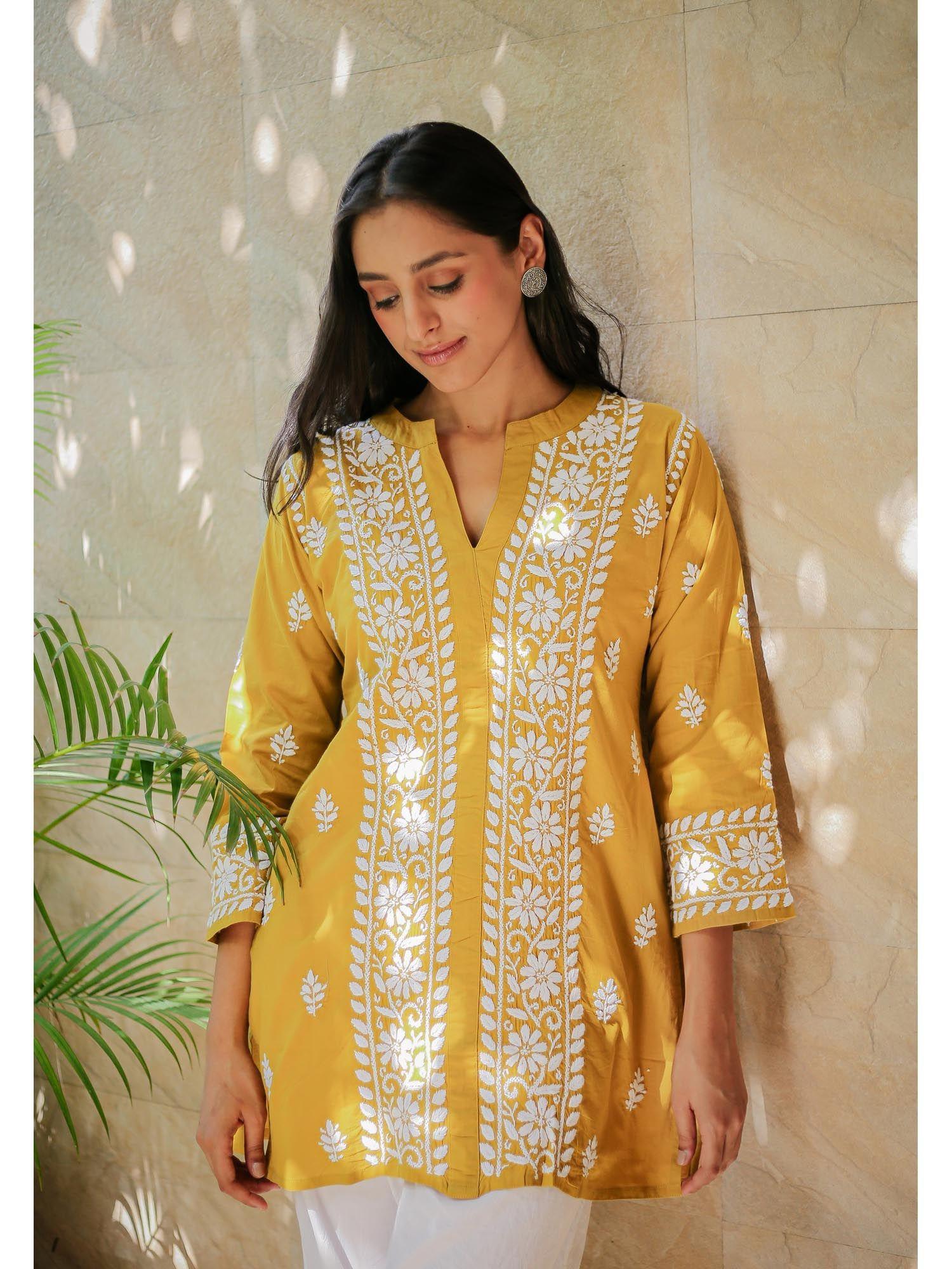 saba embroidered chikankari short kurti - mustard