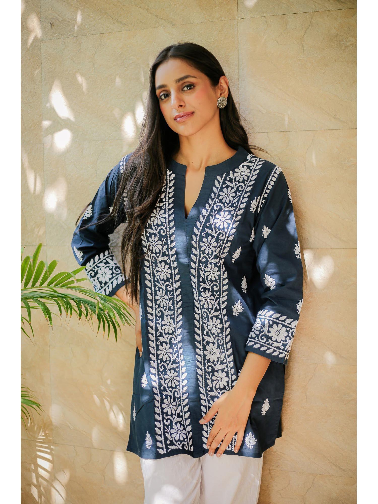 saba embroidered chikankari short kurti - navy blue