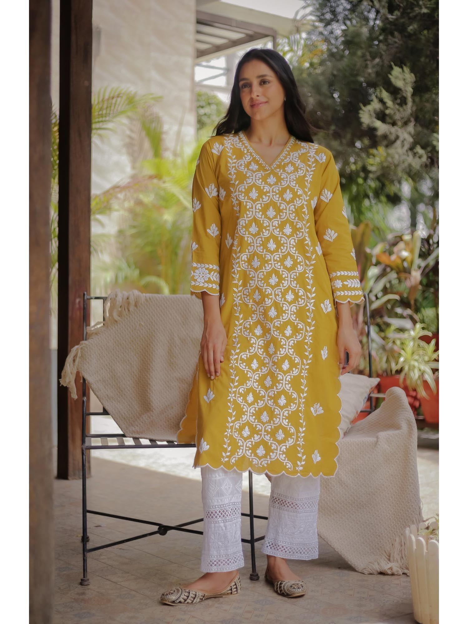 saba embroidered chikankari v-neck kurta - mustard