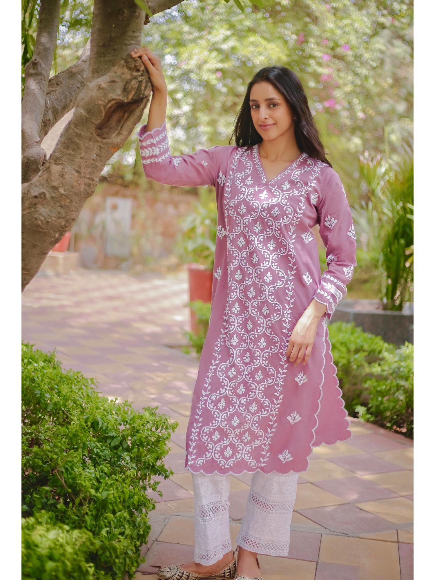 saba embroidered chikankari v-neck kurta - pink