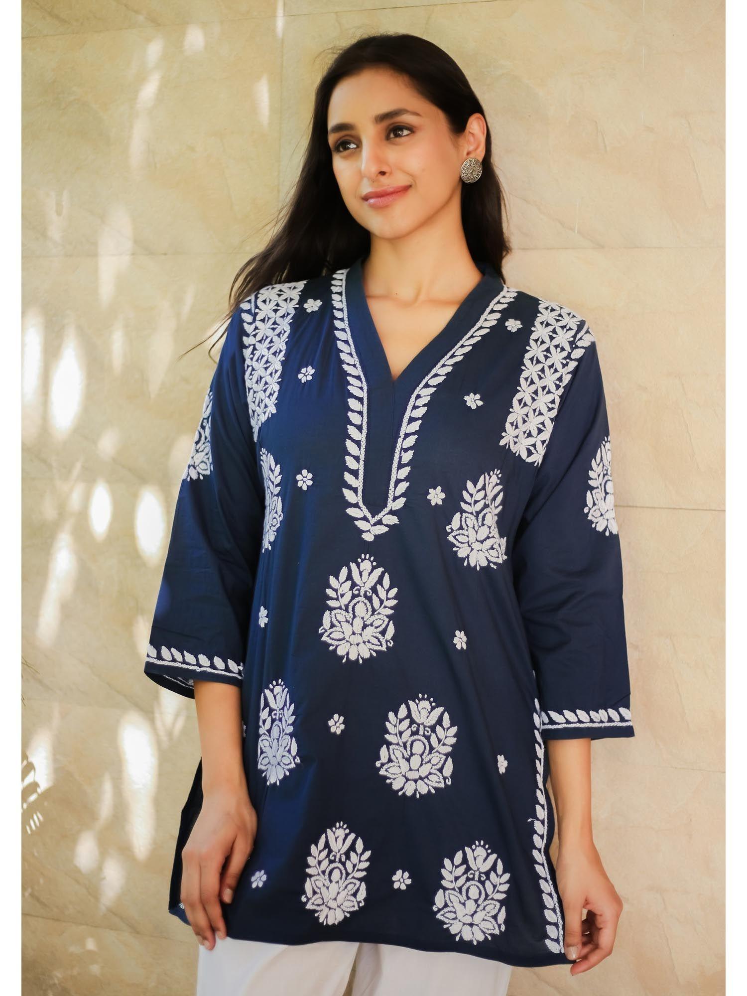 saba embroidered chikankari v-neck short kurti - navy blue