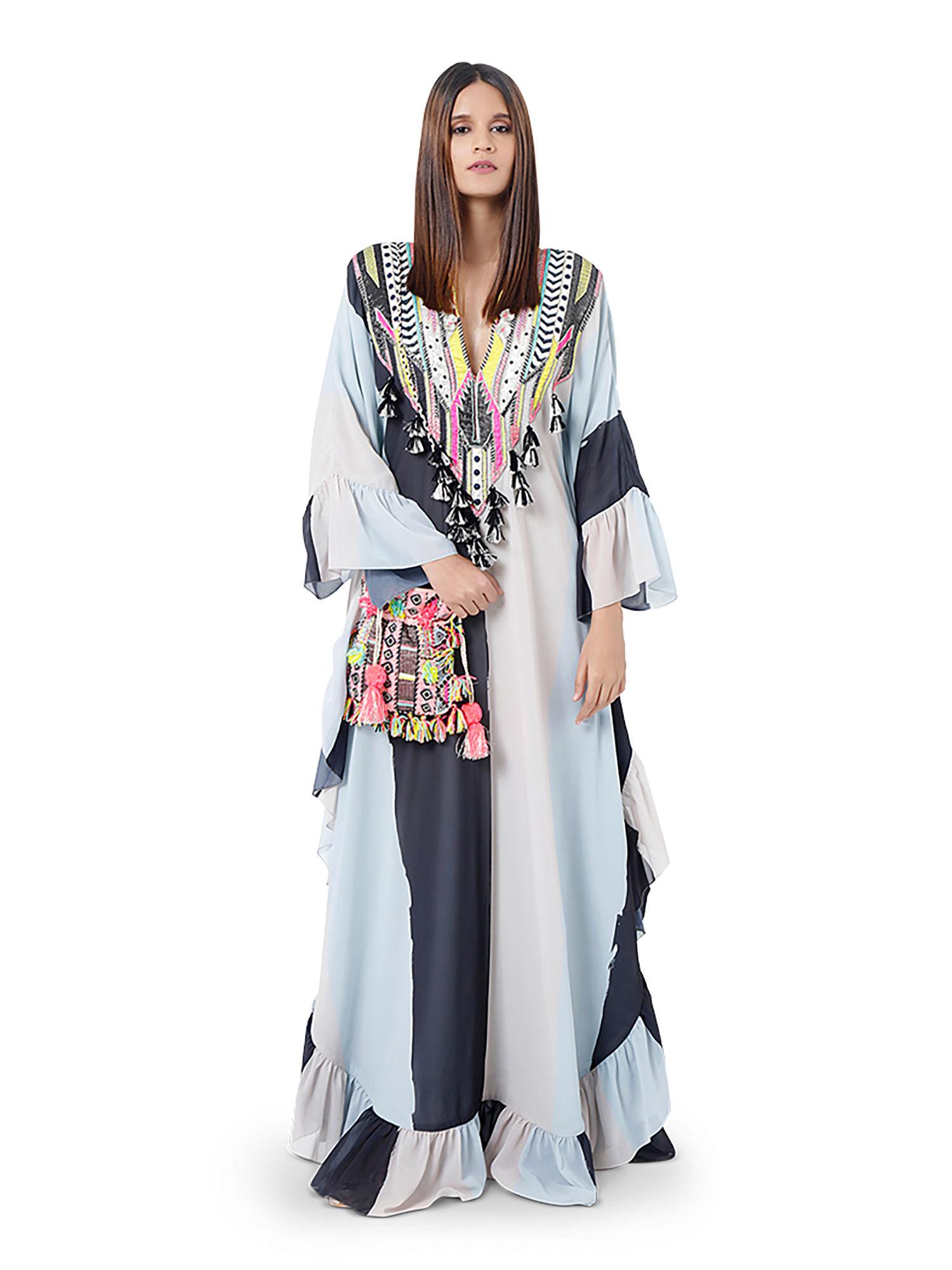 saba pale blue printed art georgette embroidered kaftaan