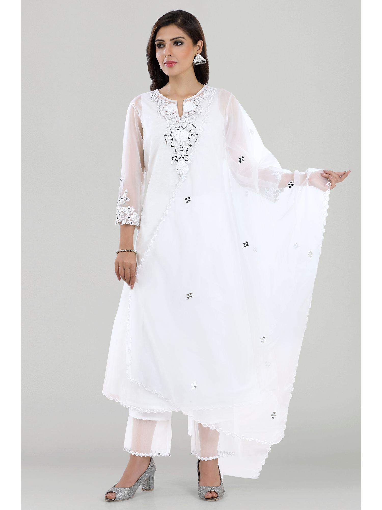 saba white mirror embroidered chanderi kurta with pants and dupatta (set of 3)
