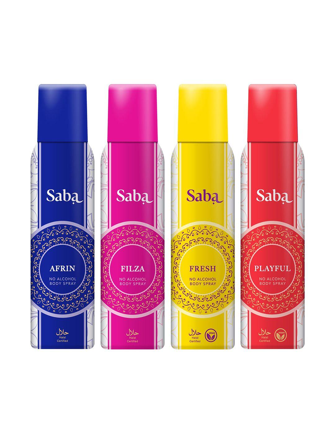 saba women set of afrin, filza, playful & fresh no alcohol body spray - 150 ml each