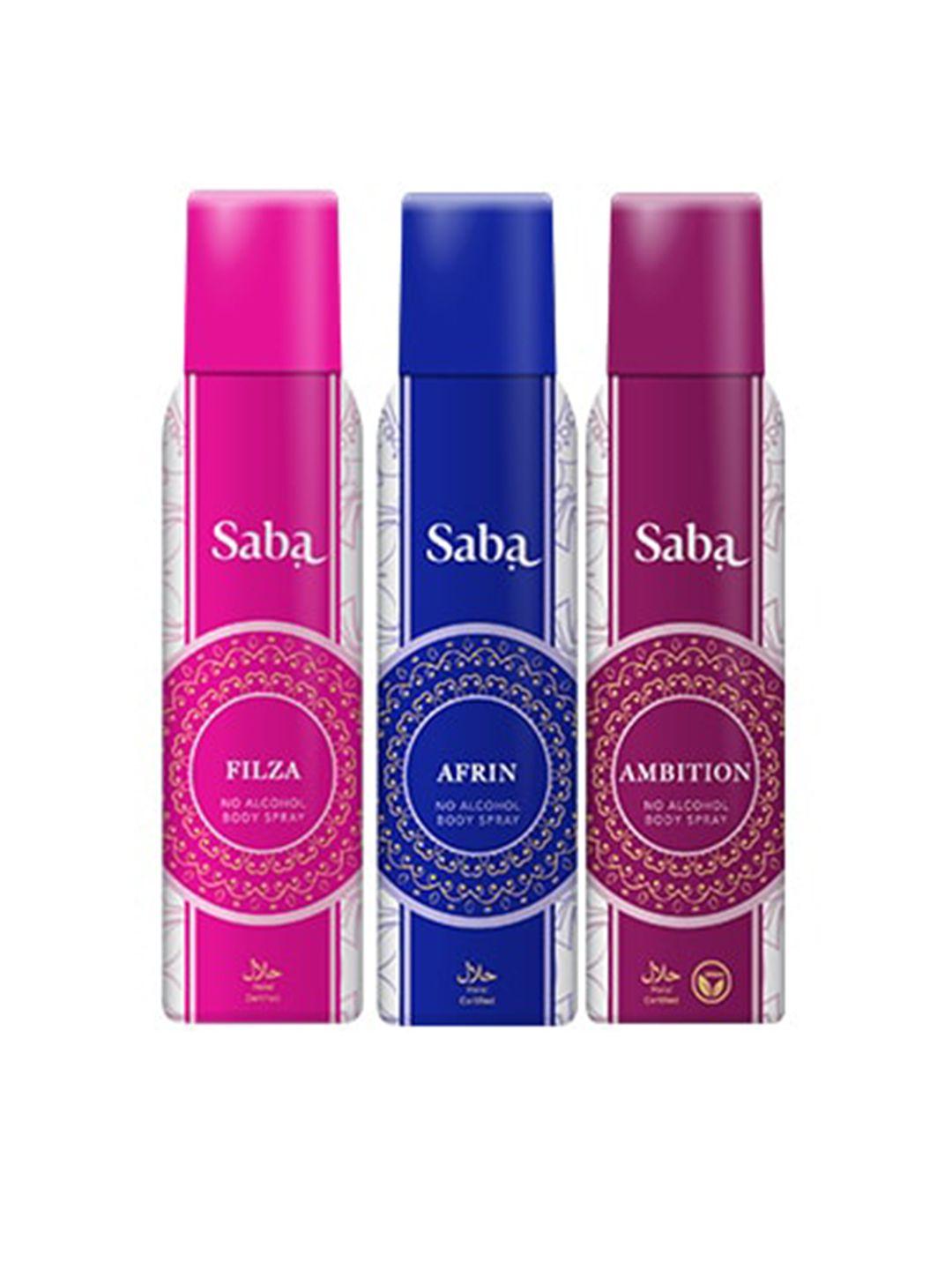 saba women set of afrin, filza & ambition no alcohol deodorant body spray - 150 ml each