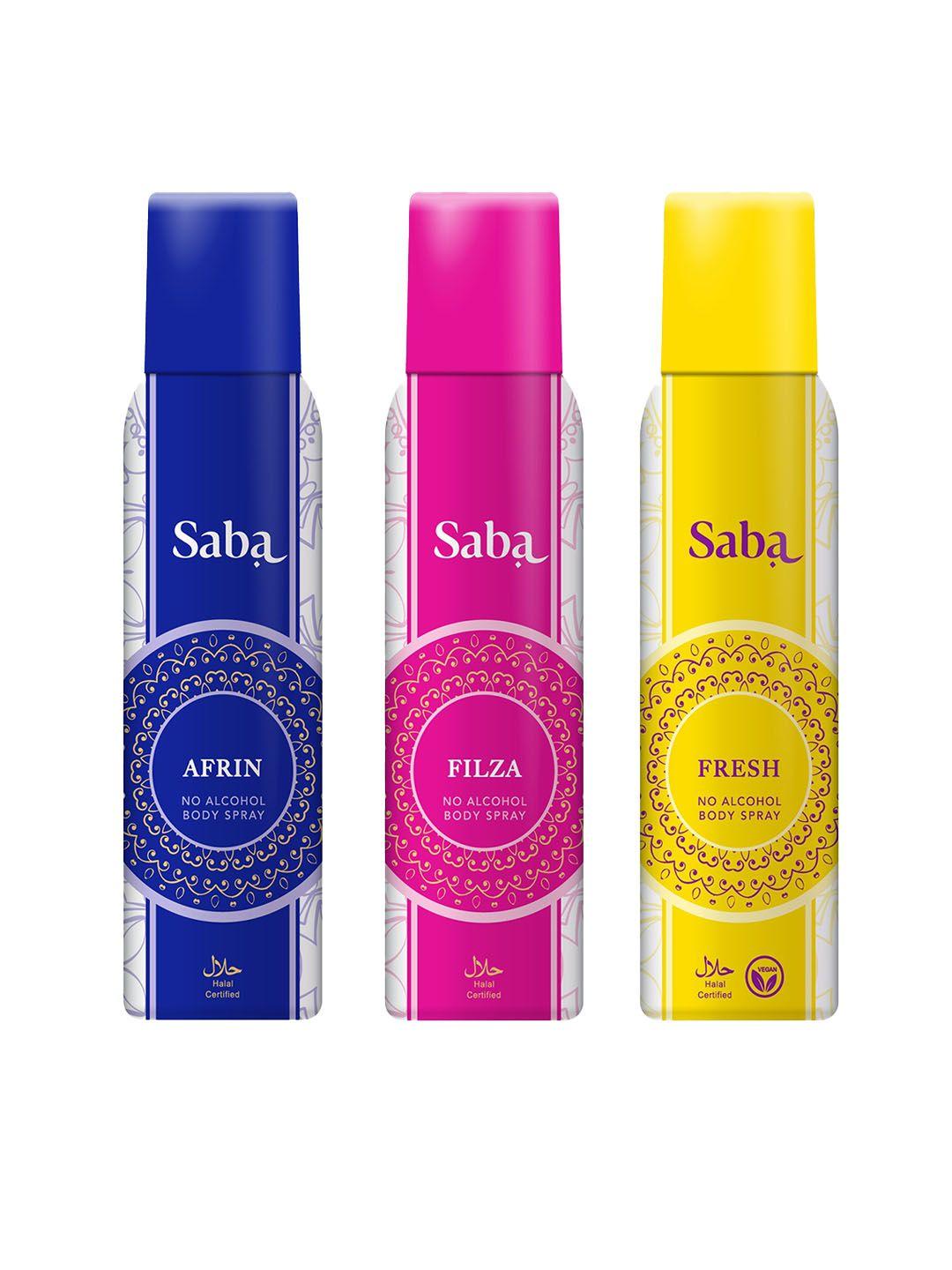 saba women set of afrin + filza + fresh no alcohol body spray - 150 ml each