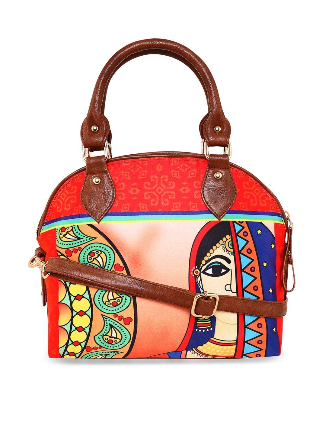 sabhyata red ethnic motifs printed structured handbag