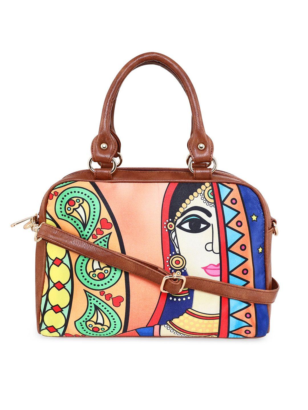 sabhyata women brown & blue ethnic motifs printed structured  handbag
