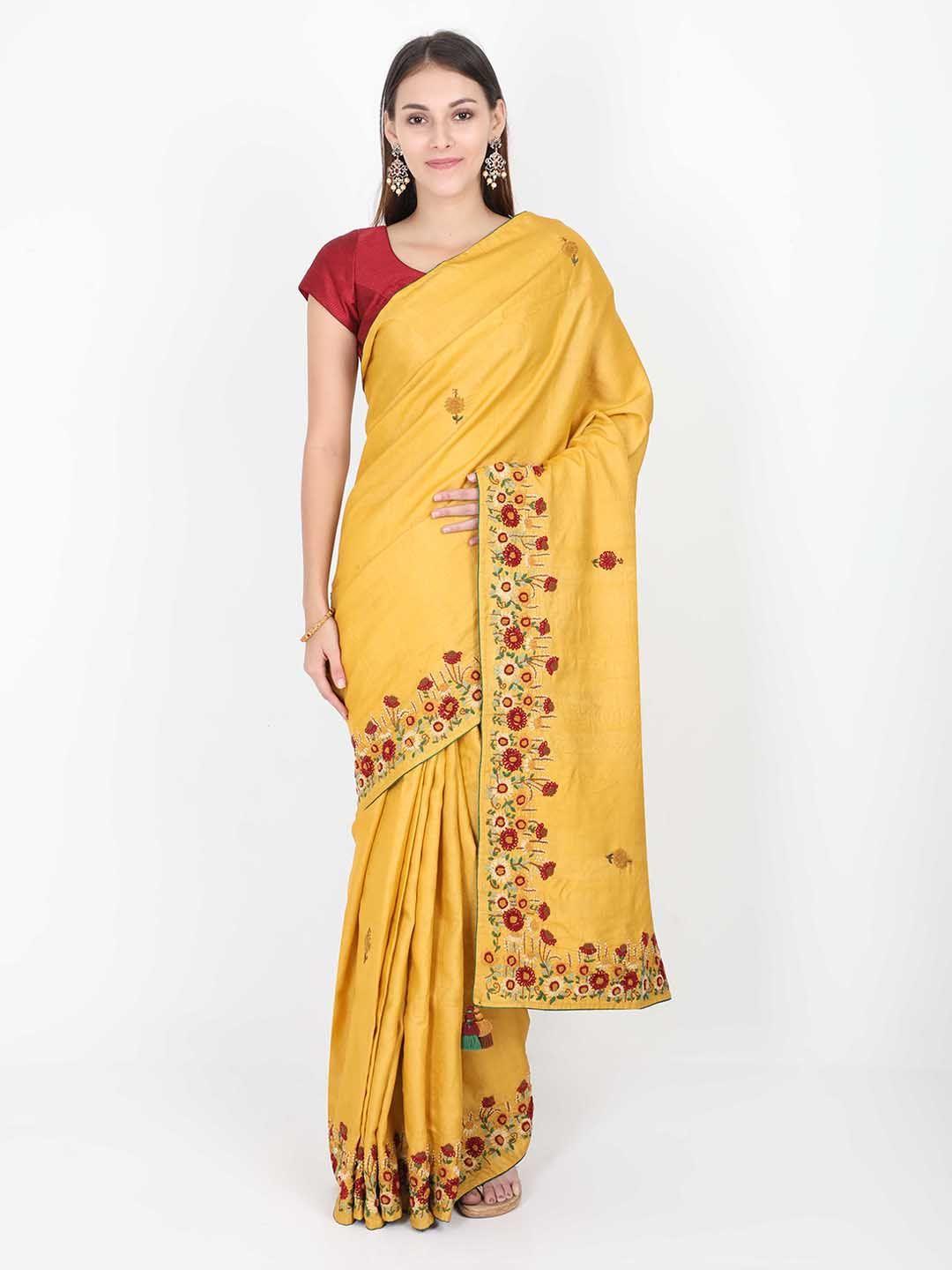 saboo collections mustard & brown pure silk embroidered tussar saree