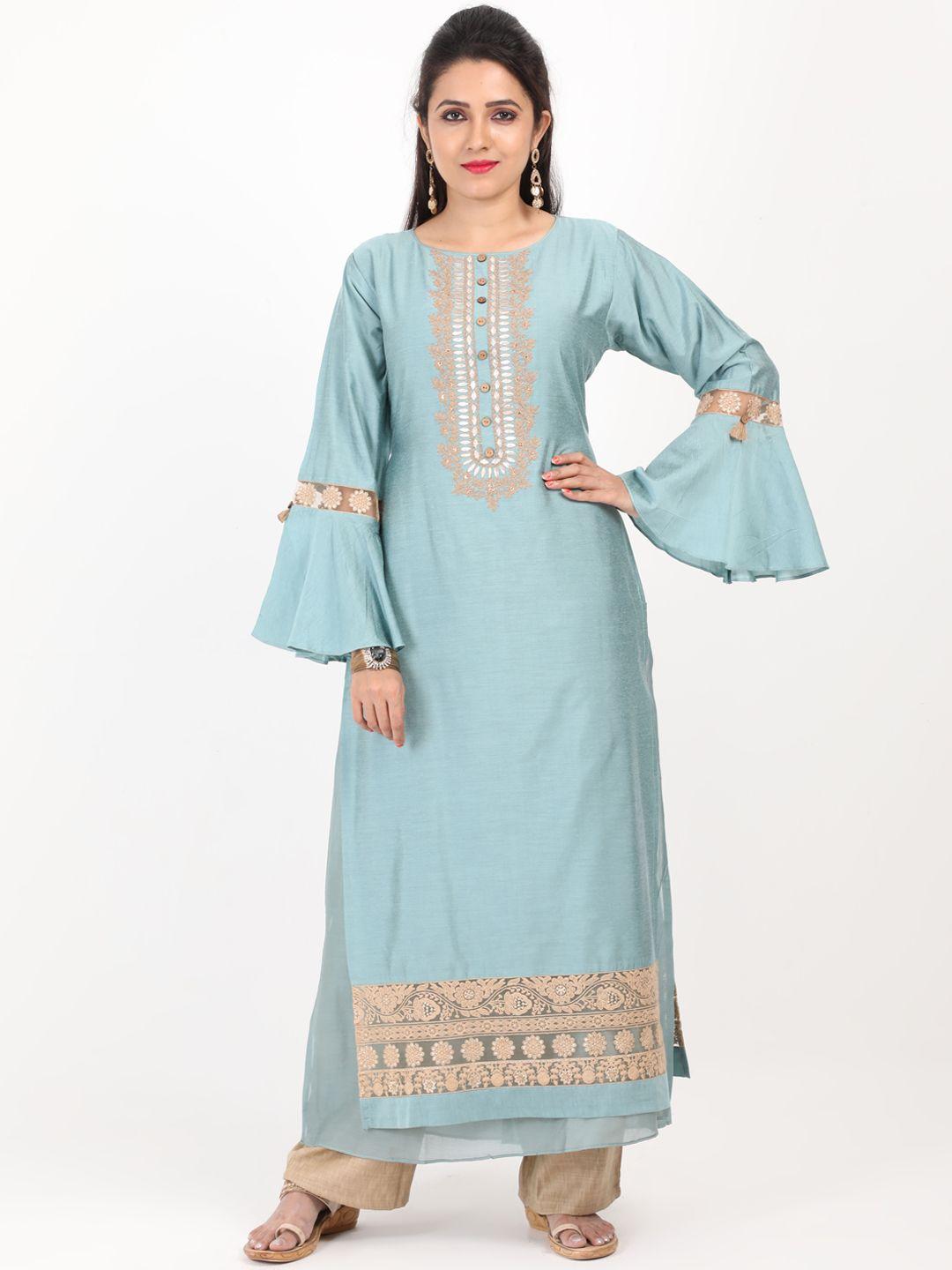 saboo collections women blue & beige embroidered kurta with trousers