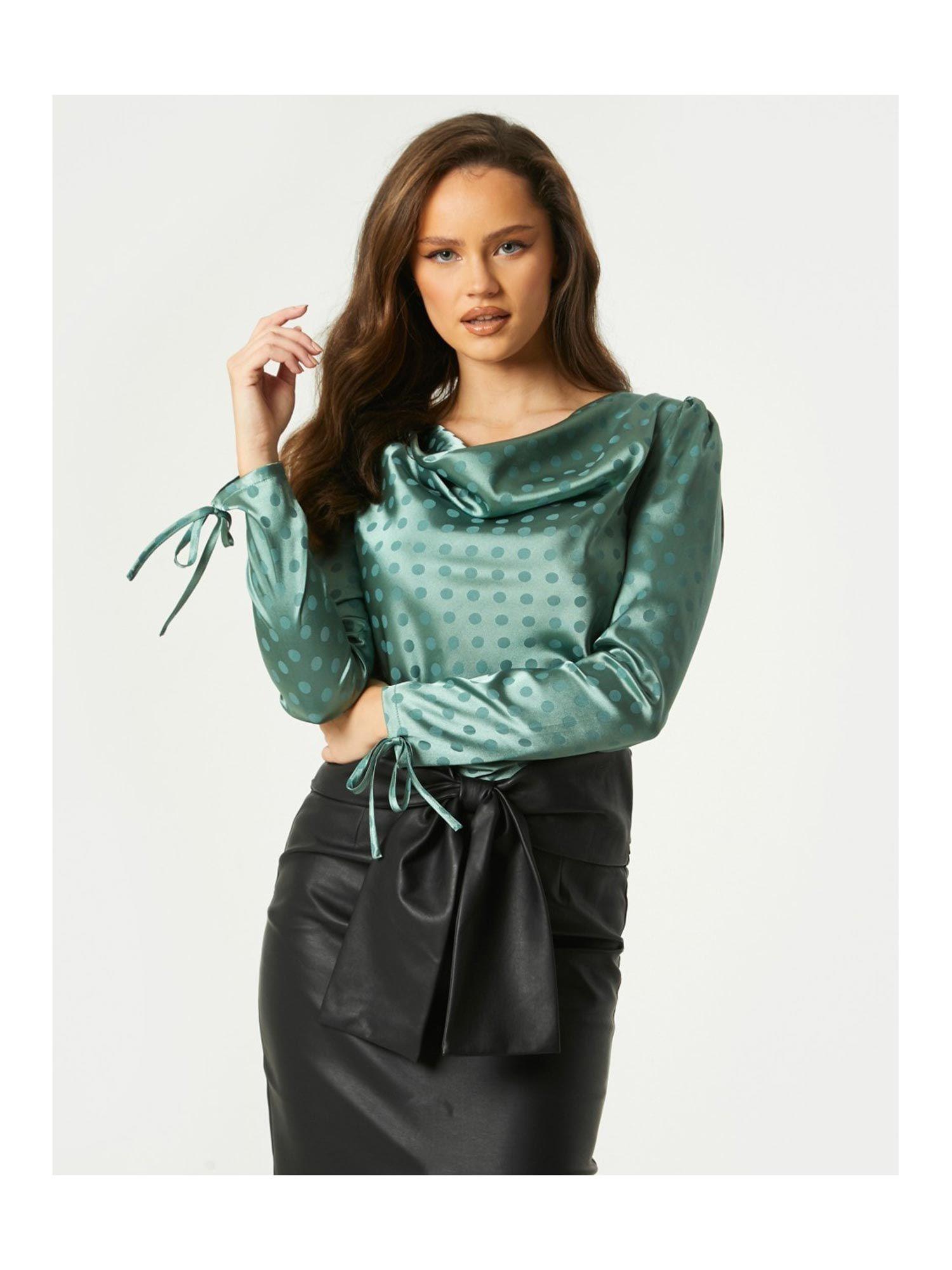 sabrin green polka-dot satin cowl-neck blouse