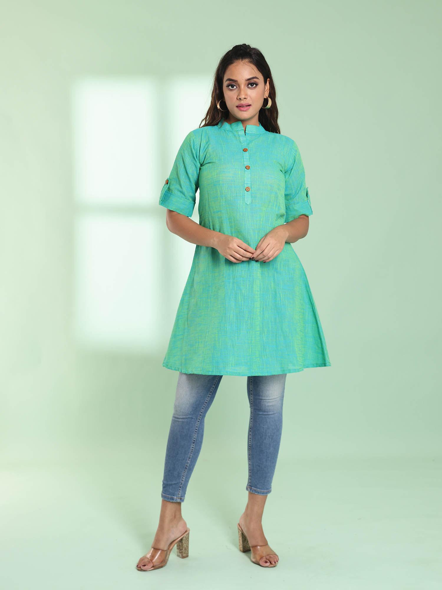 sacramento green solid cotton a-line short stitched kurta