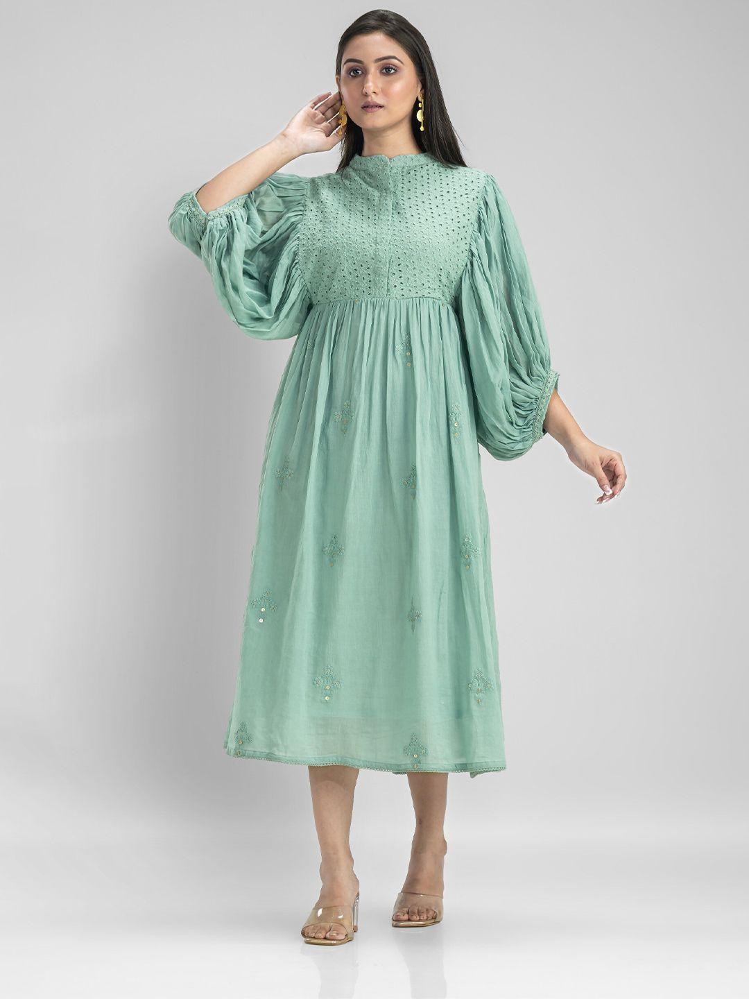 sacred suta embellished puff sleeve a-line midi dress