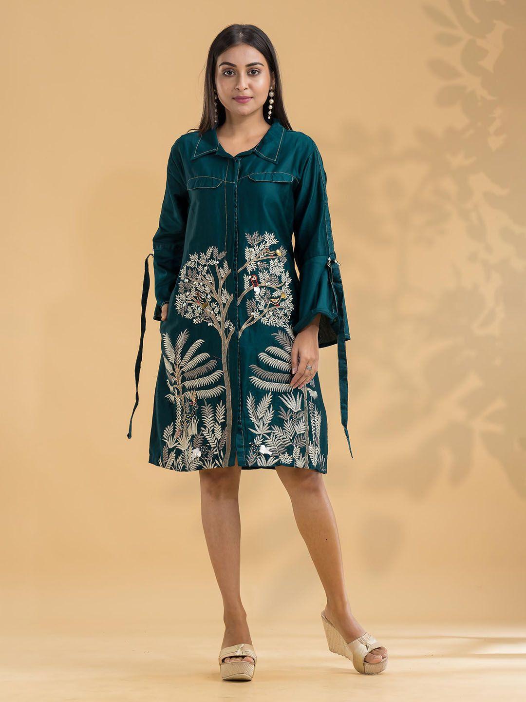 sacred suta ethnic motifs print tie-up neck bell sleeve a-line dress