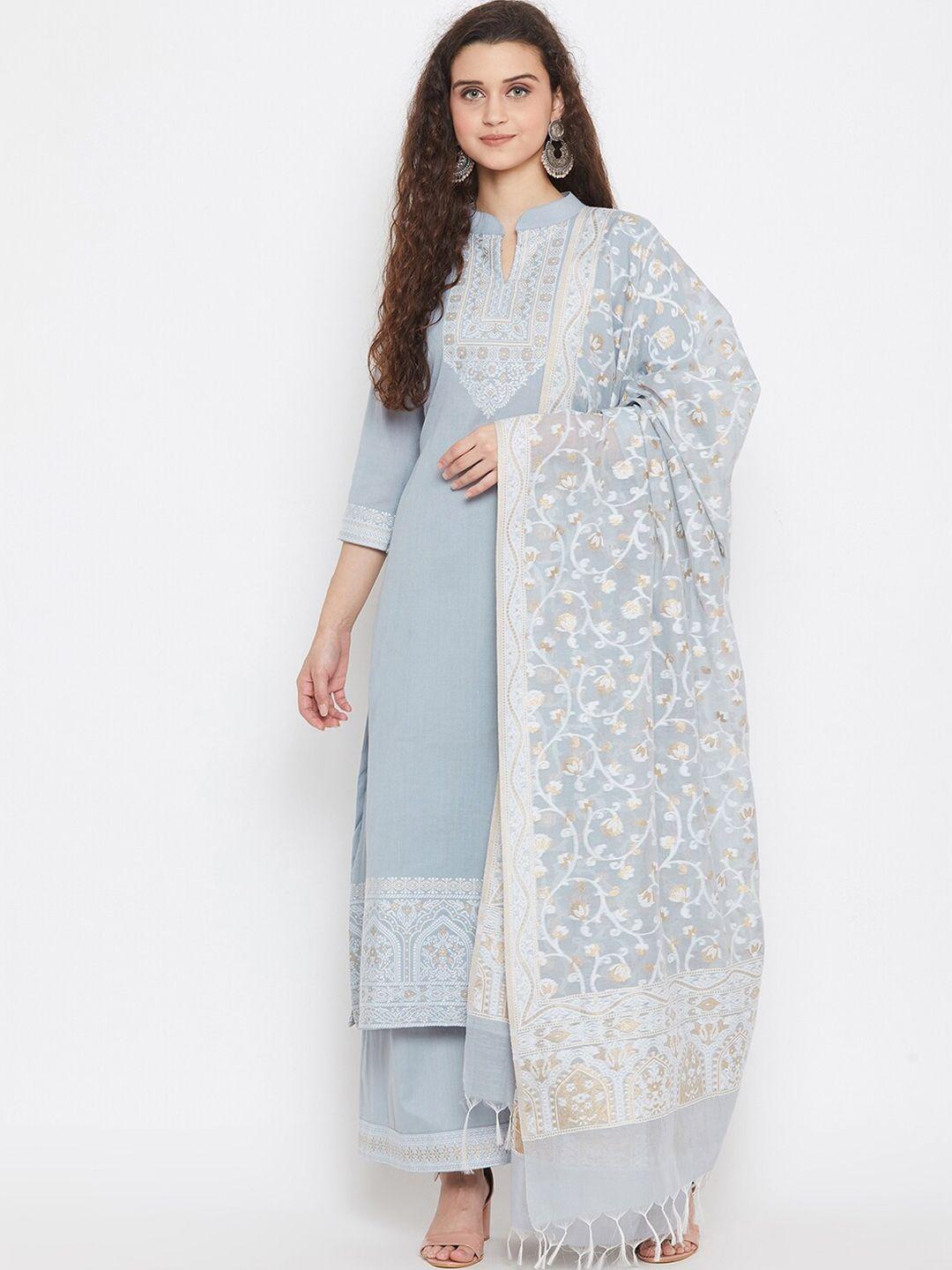 safaa grey & gold-toned pure cotton woven design unstitched dress material for summer