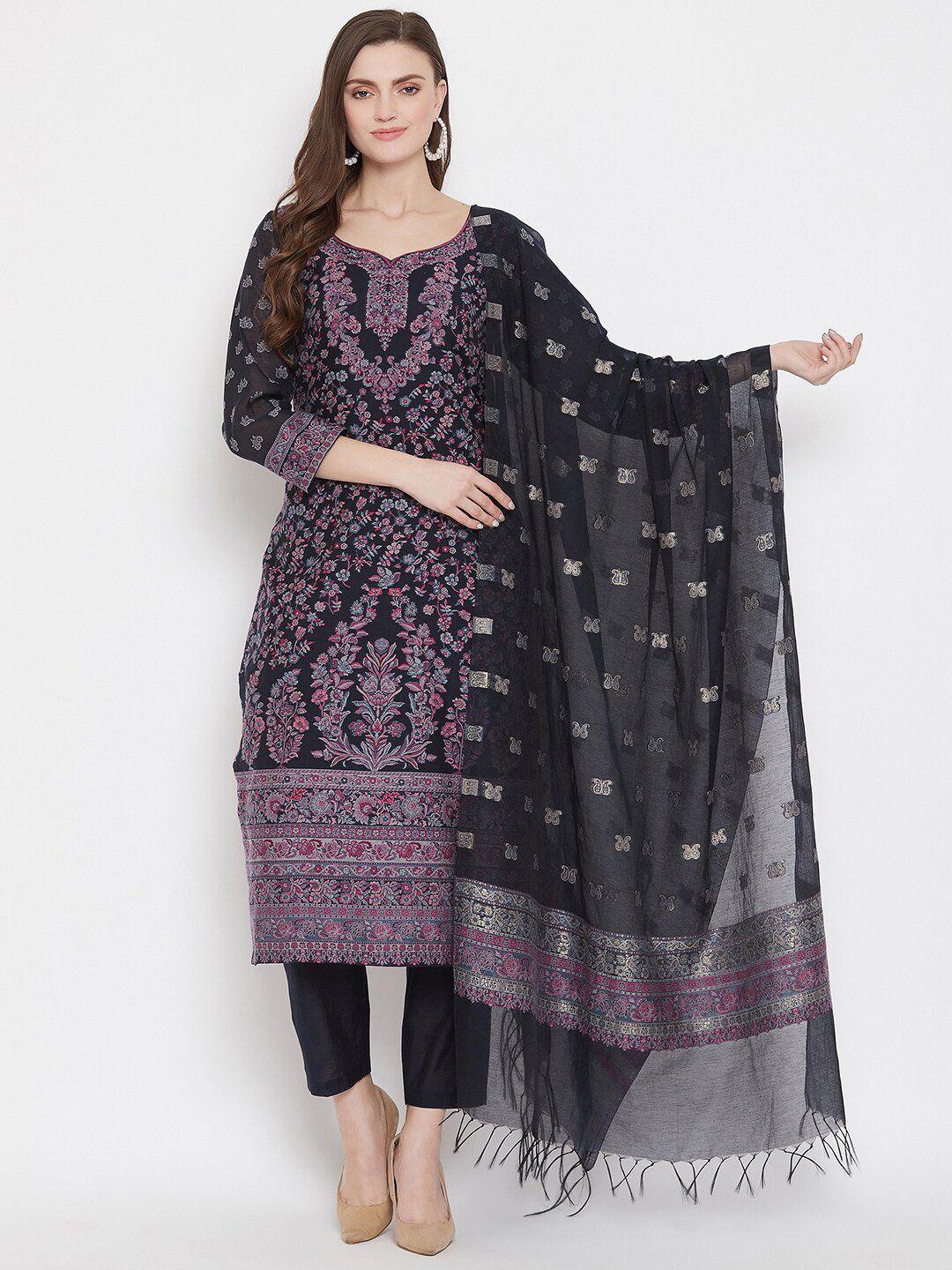 safaa navy blue & purple woven design organic cotton unstitched dress material