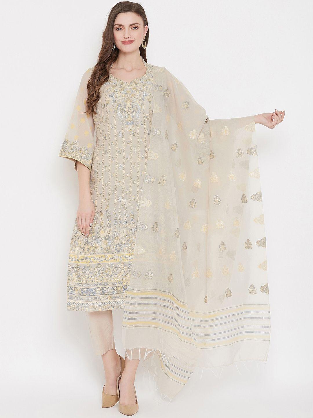 safaa off-white & gold-toned cotton blend woven design unstitched dress material for summer