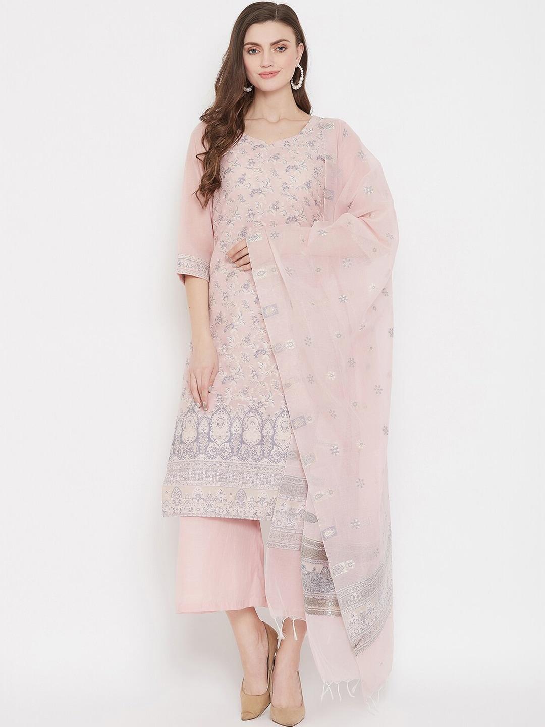 safaa peach-coloured & grey cotton blend woven design unstitched dress material for summer
