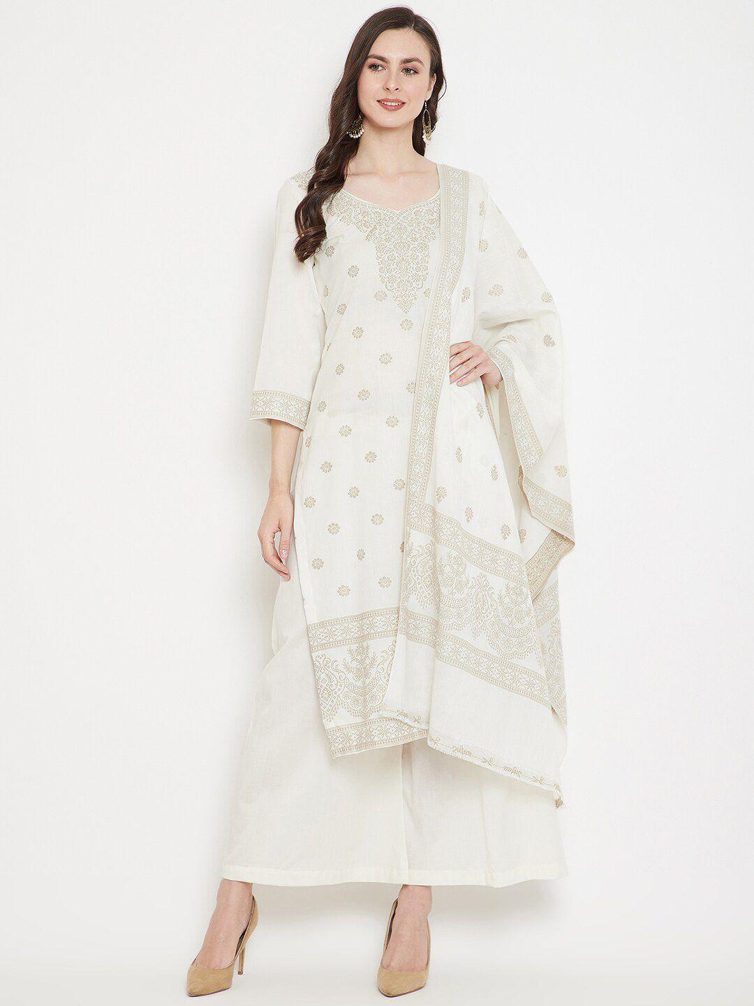 safaa white & beige pure cotton woven design unstitched dress material for summer