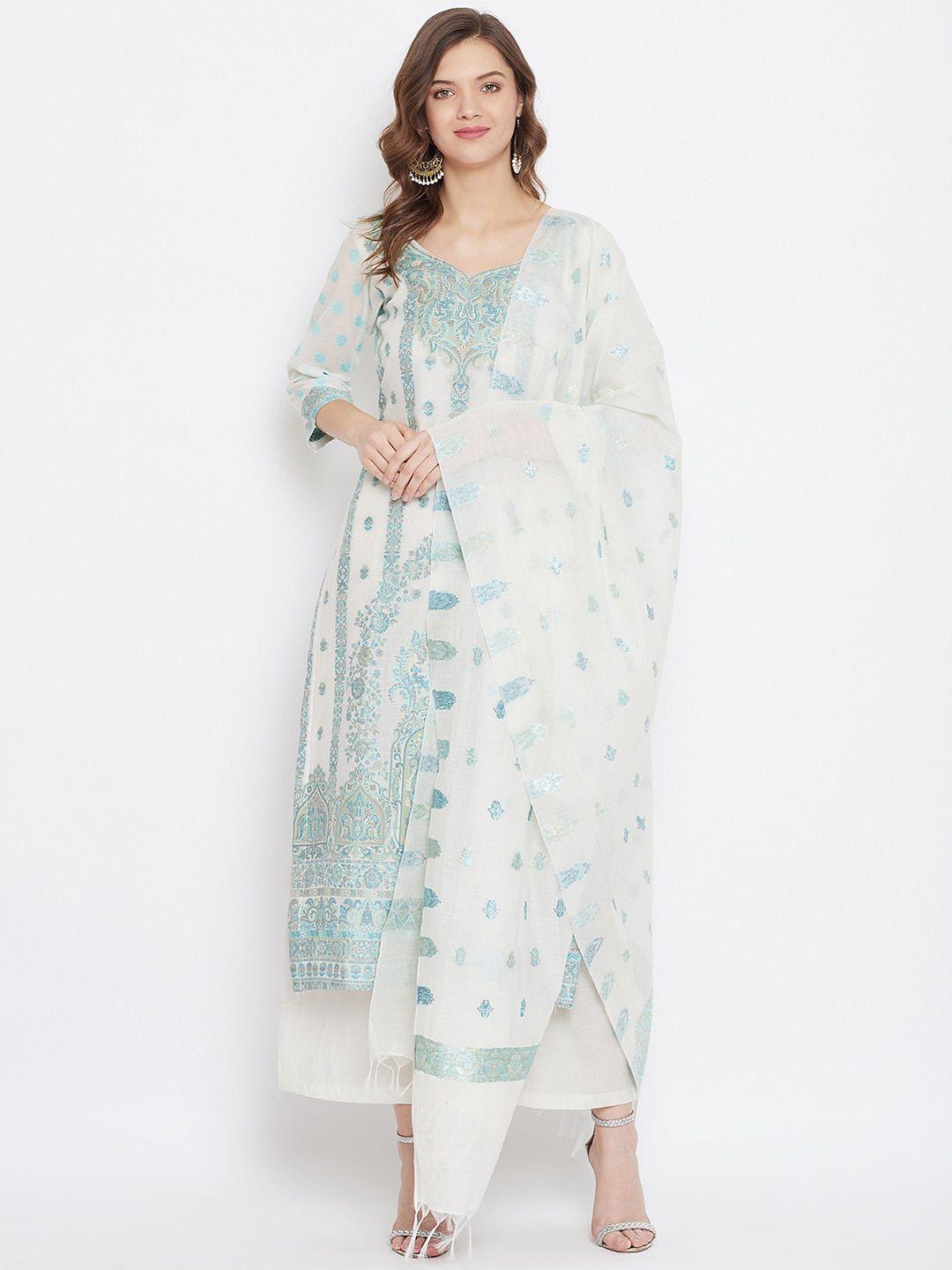 safaa white & sea green cotton blend woven design unstitched dress material for summer