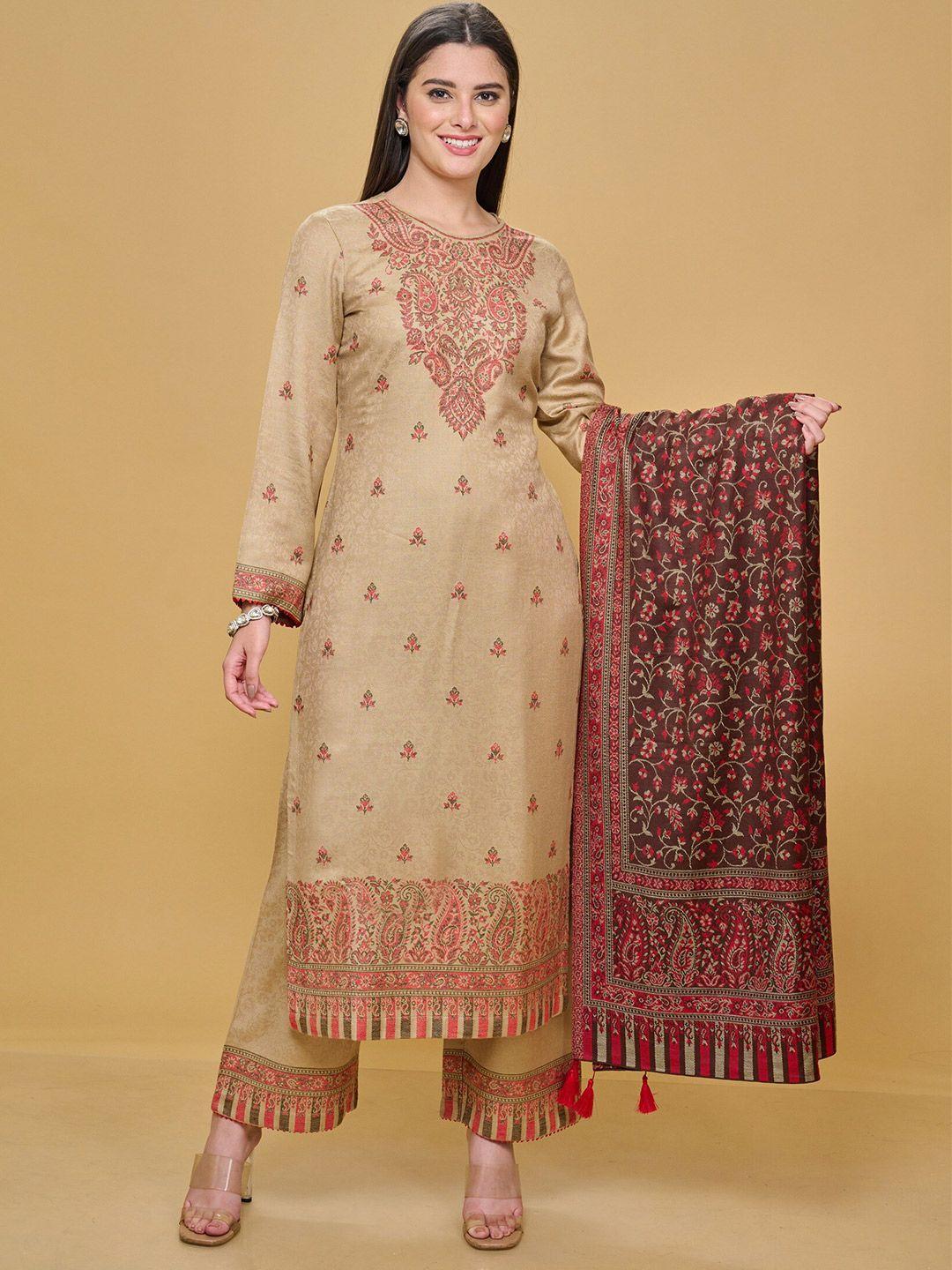 safaa women beige & purple woven design unstitched dress material