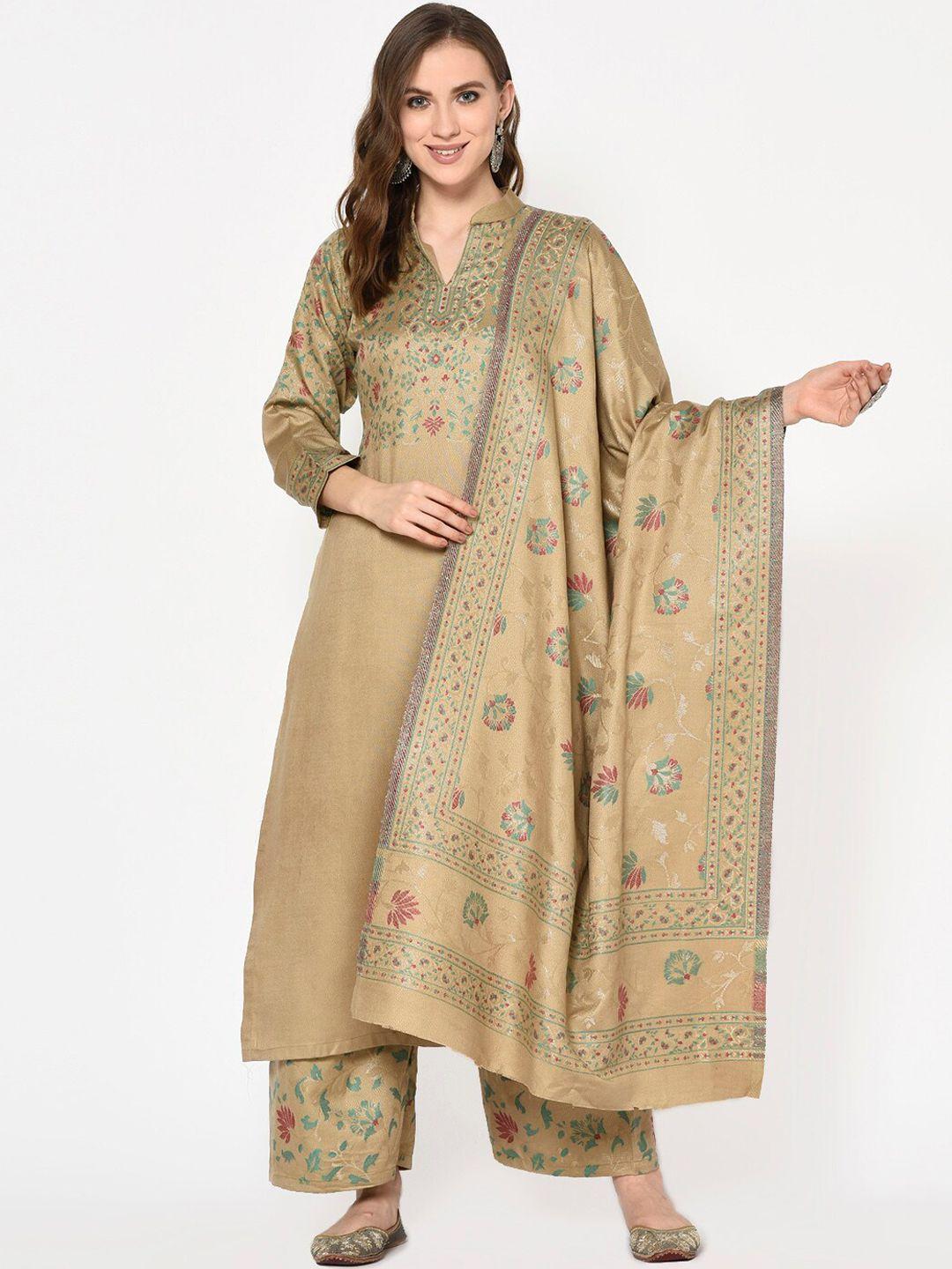 safaa women beige viscose acrylic woven design suit unstitched dress material for winter