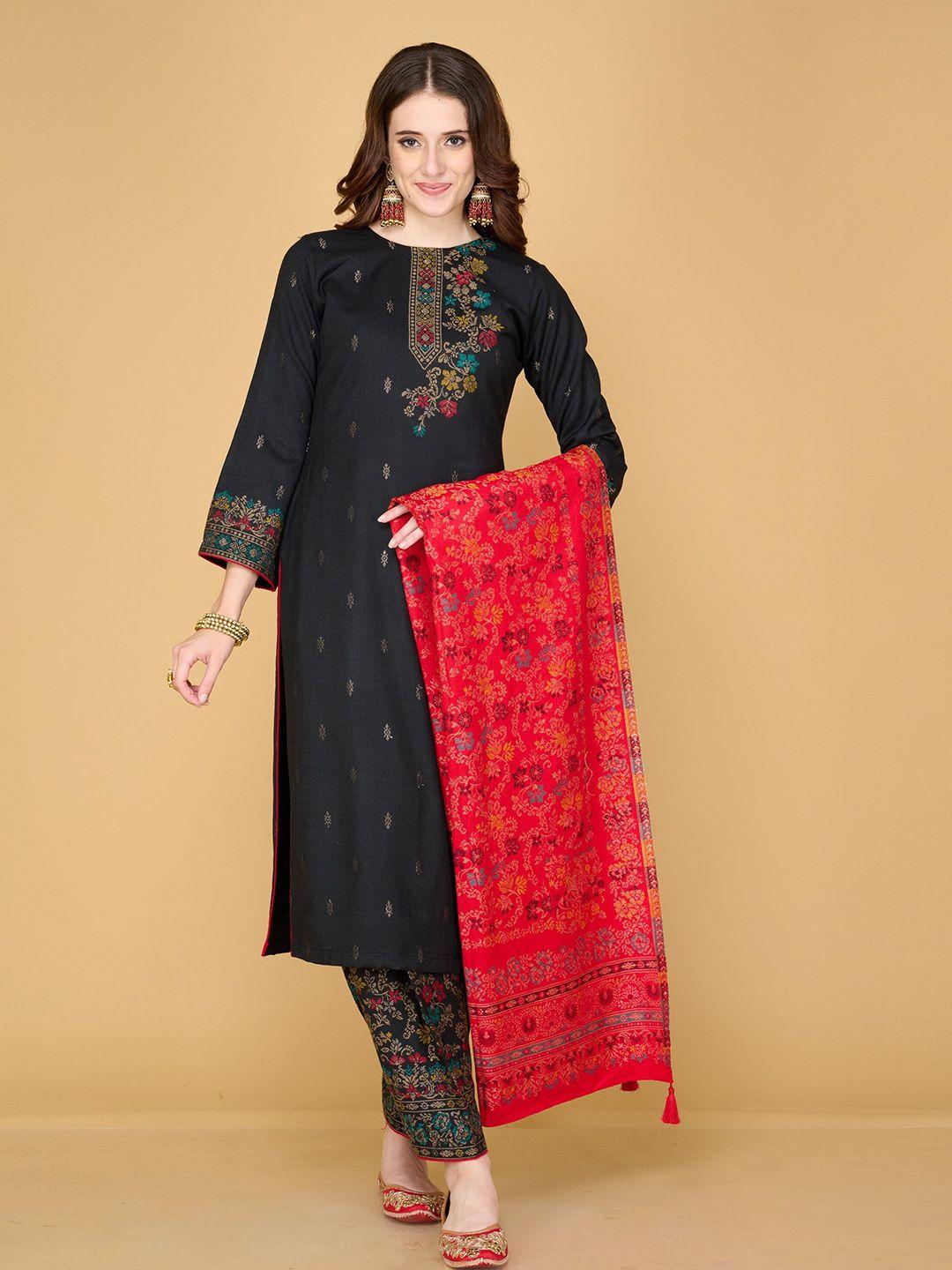 safaa women black & red viscose rayon unstitched dress material and dupatta