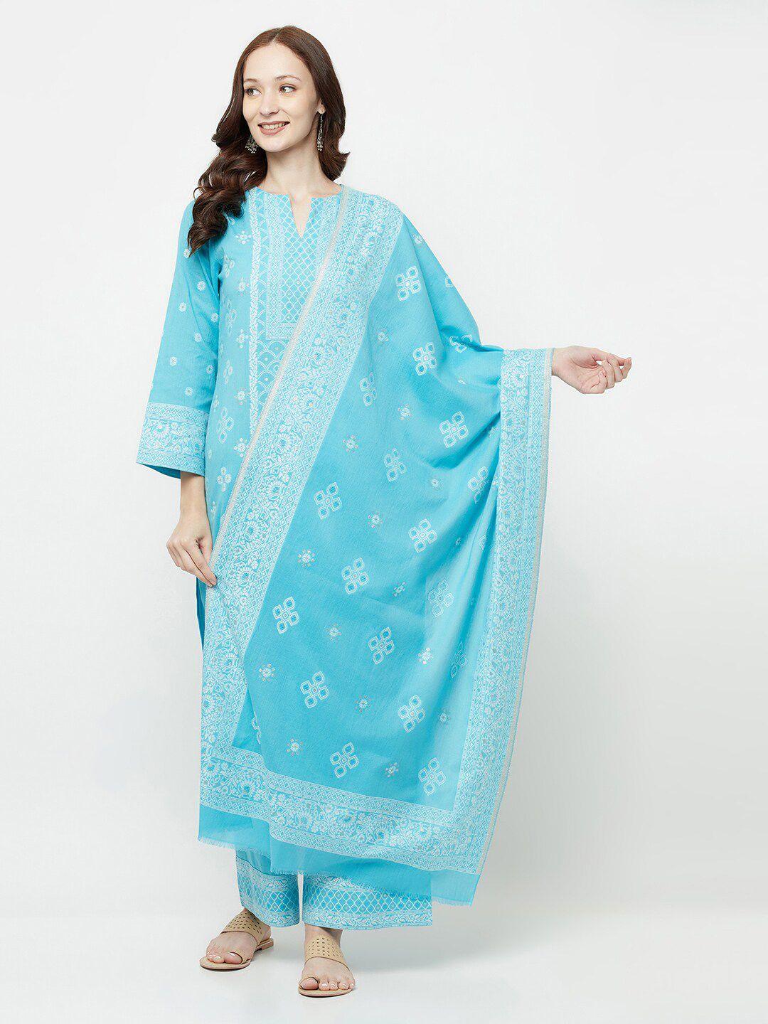 safaa women blue & white unstitched cotton dress material