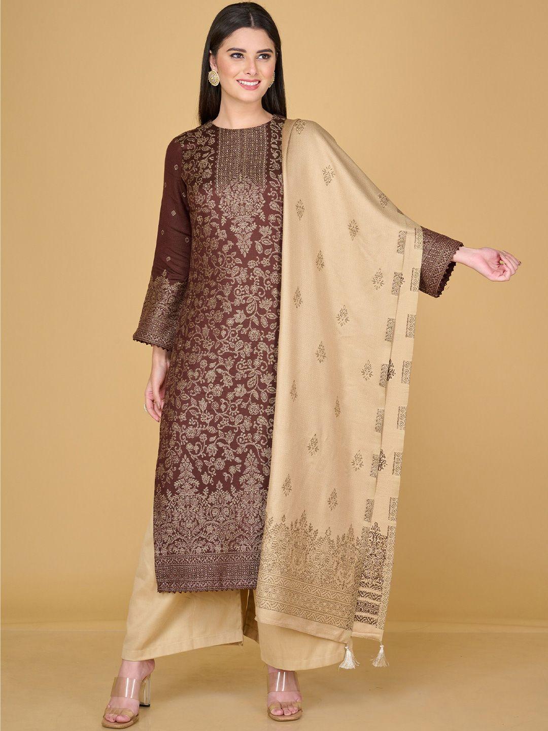 safaa women brown & beige floral woven design unstitched dress material