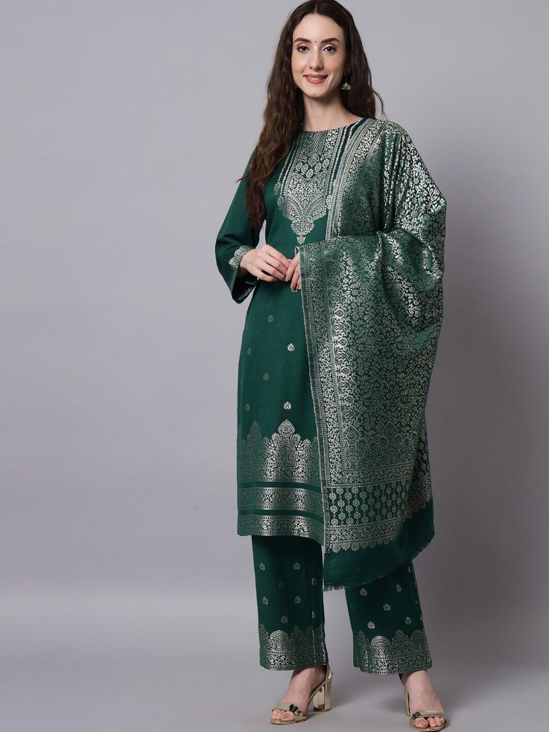 safaa women green & silver-toned unstitched dress material