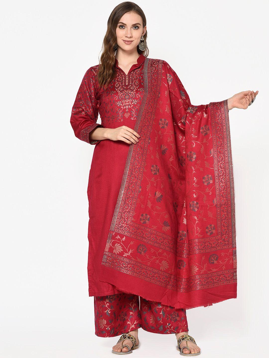 safaa women marron viscose acrylic woven design suit unstitched dress material for winter