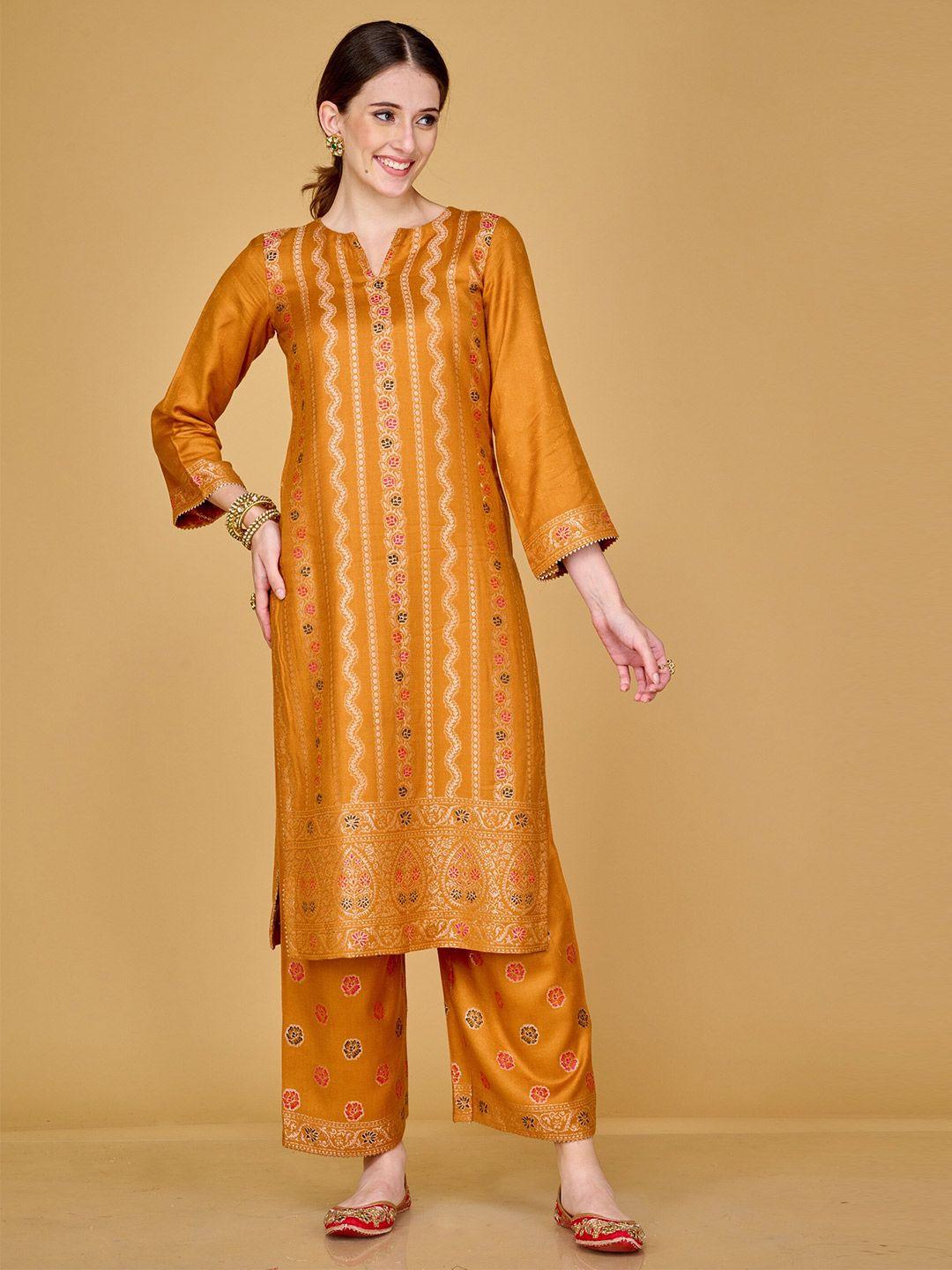 safaa women mustard & green woven design unstitched dress material