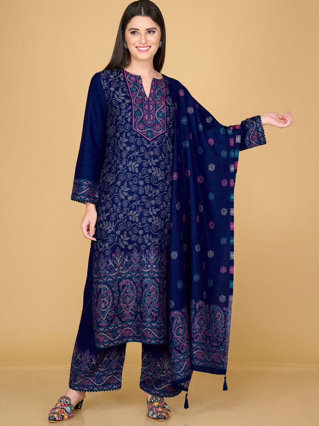 safaa women navy blue & pink viscose rayon unstitched dress material and dupatta
